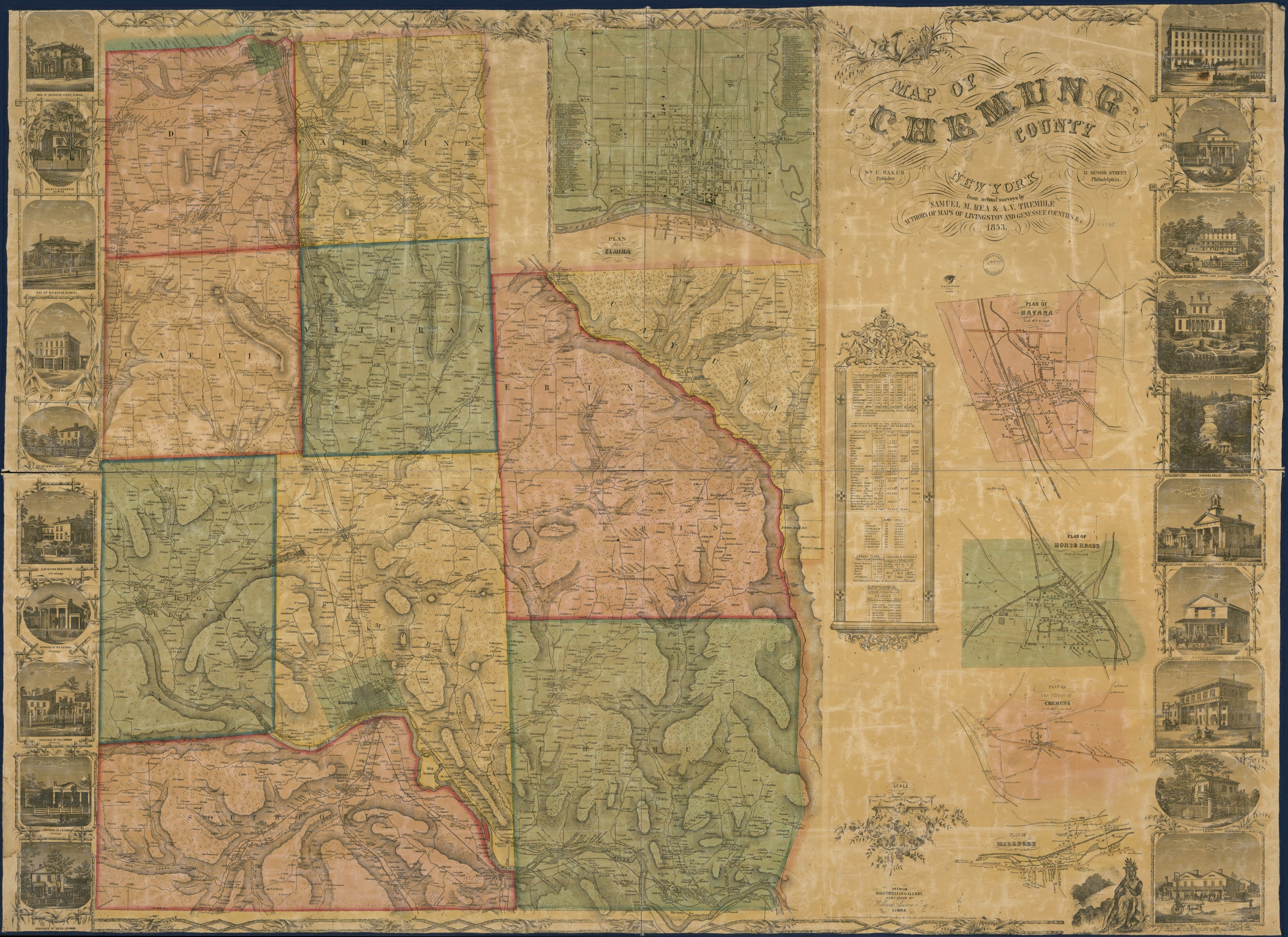This hand drawn illustration (map) of Map of Chemung County, New York : From Actual Surveys in from 1853 was created by Samuel M. Rea in 1853