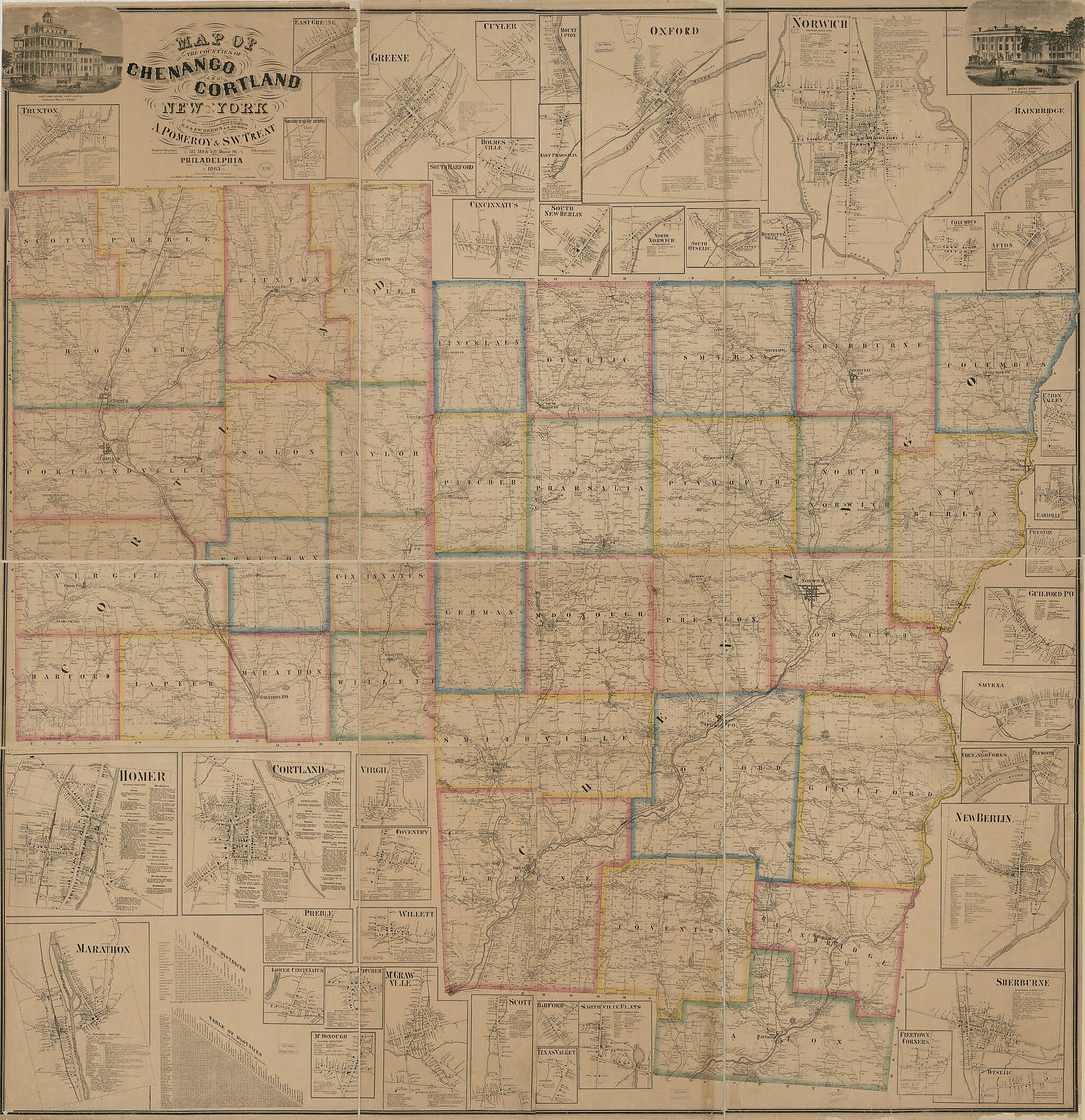 This old map of Map of the Counties of Chenango and Cortland, New York : from Actual Surveys from 1863 was created by F. Bourquin & Co, A. Warner, Worley & Bracher in 1863