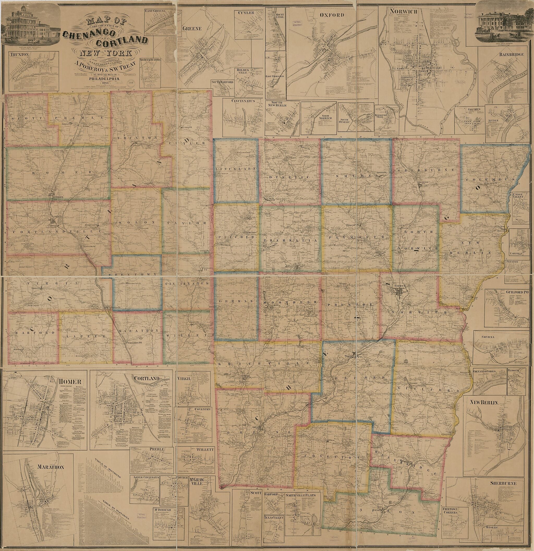 This old map of Map of the Counties of Chenango and Cortland, New York : from Actual Surveys from 1863 was created by F. Bourquin & Co, A. Warner, Worley & Bracher in 1863