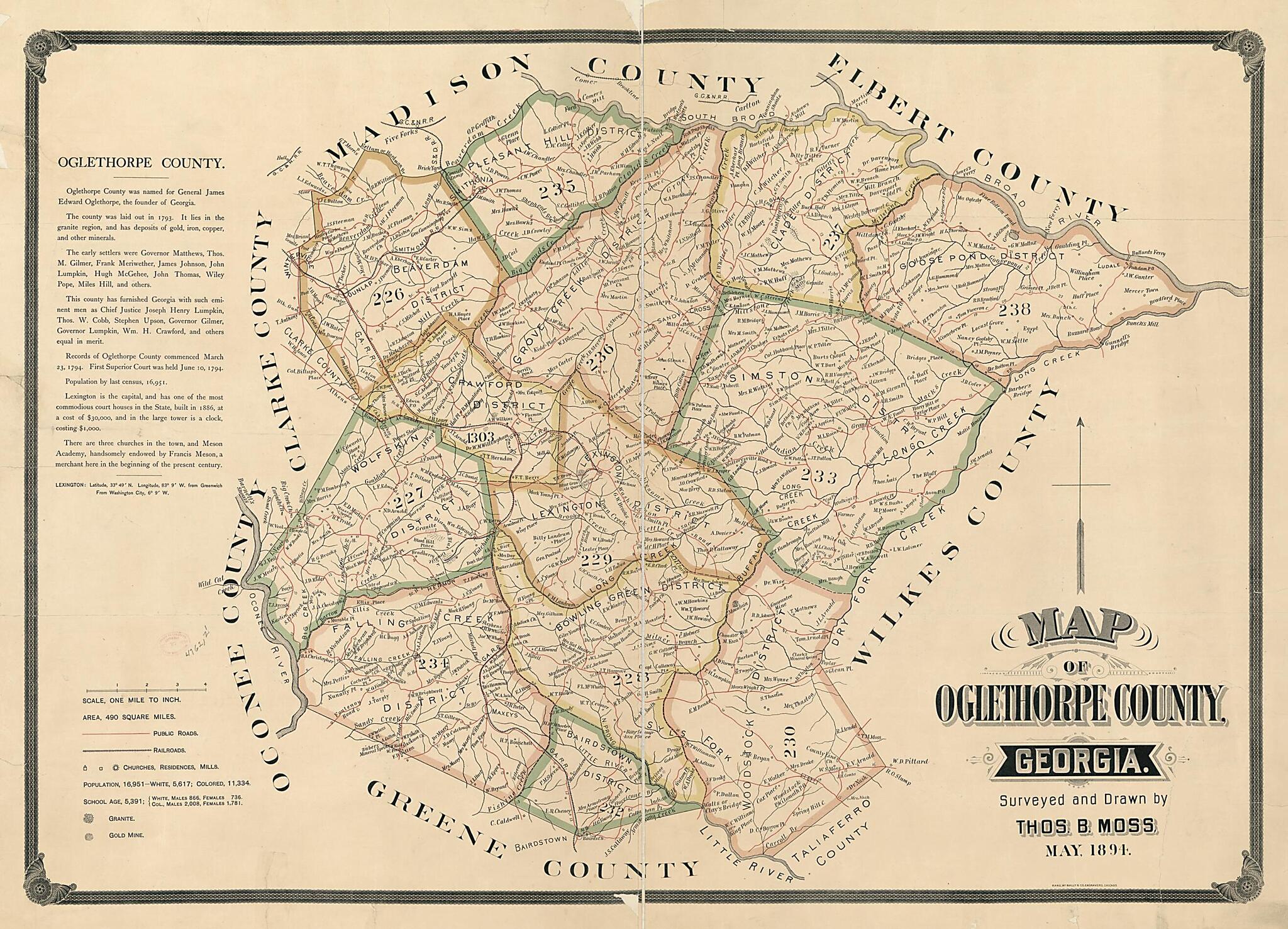 This old map of Map of Oglethorpe County, Georgia from 1894 was created by Thos. B. Moss, Rand McNally and Company in 1894