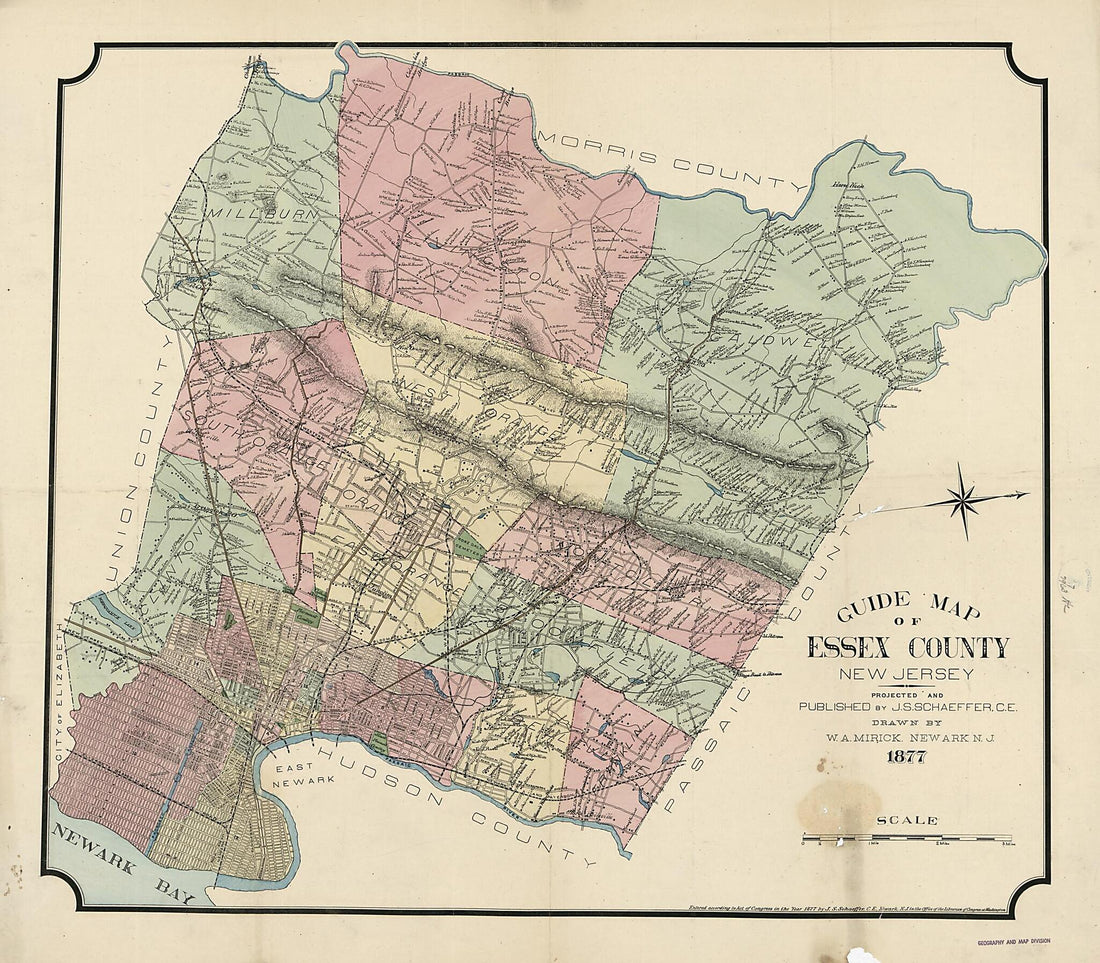 This old map of Guide Map of Essex County, New Jersey from 1877 was created by W. A. Mirick, J. S. Schaeffer in 1877