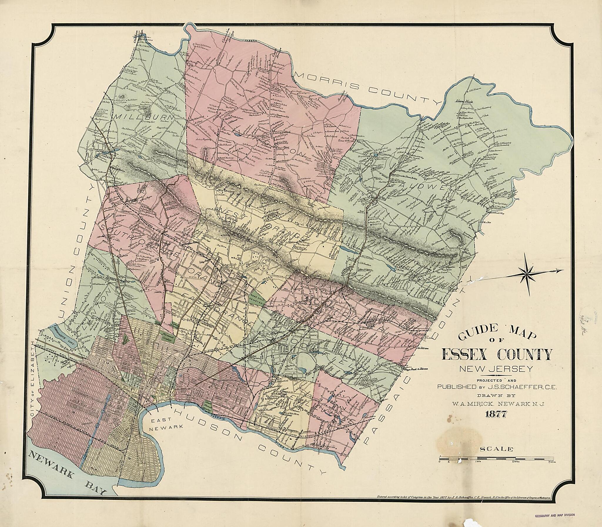 This old map of Guide Map of Essex County, New Jersey from 1877 was created by W. A. Mirick, J. S. Schaeffer in 1877