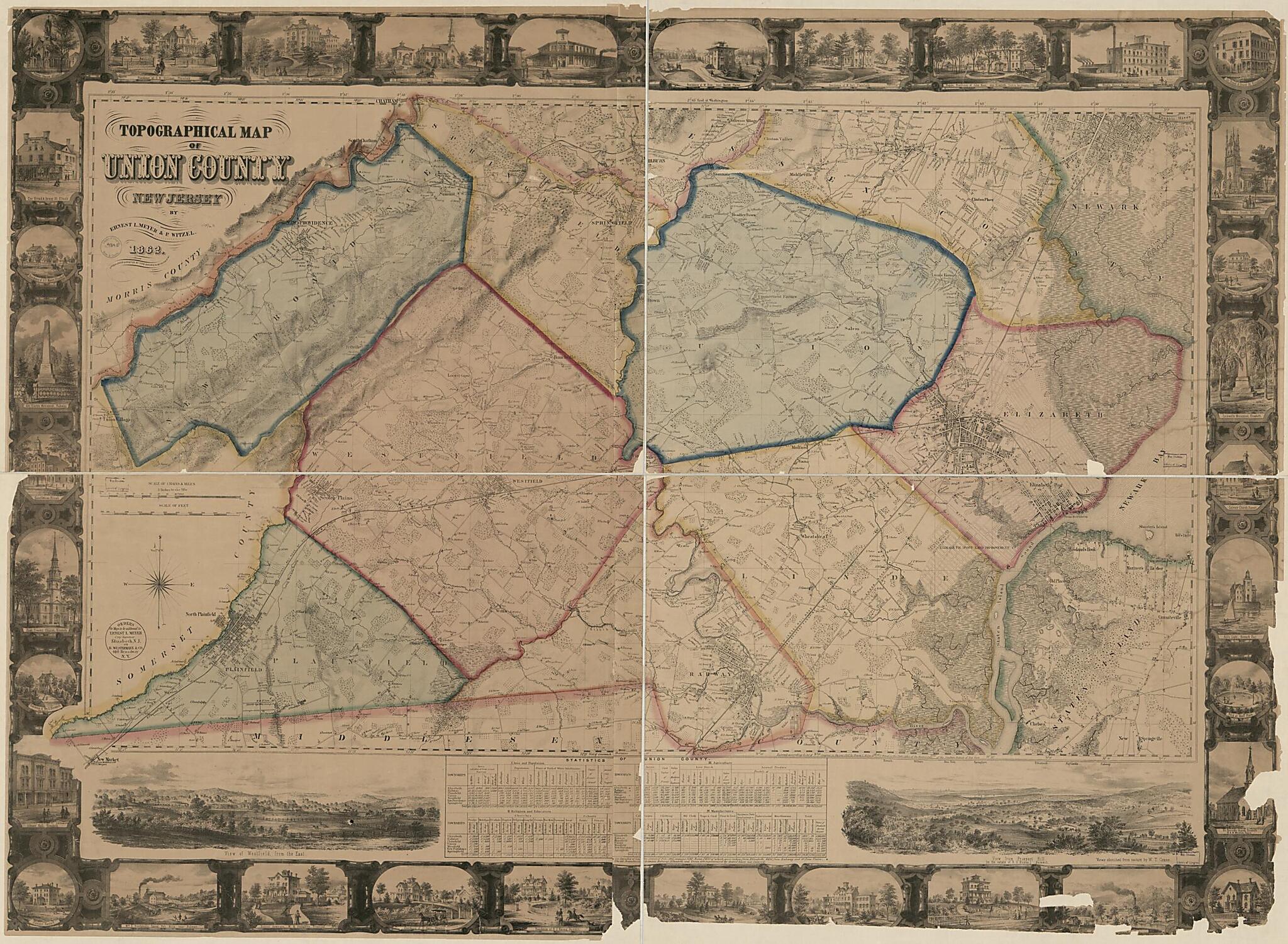 This old map of Topographical Map of Union County, New Jersey from 1862 was created by B. Westermann & Co, W. T. Crane, Ernest L. Meyer, P. Witzel in 1862