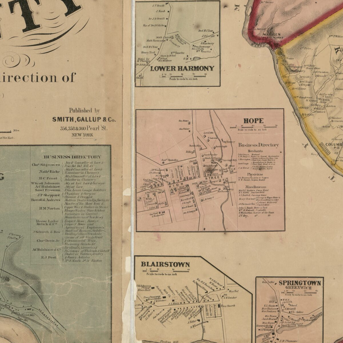 This old map of Map of Warren County, New Jersey from 1860 was created by  H. & C.T. Smith (Firm), Griffith Morgan Hopkins, Gallup & Co Smith, Henry Francis Walling in 1860