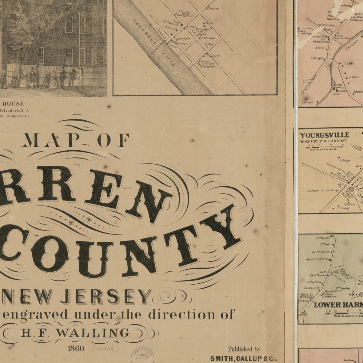 This old map of Map of Warren County, New Jersey from 1860 was created by  H. & C.T. Smith (Firm), Griffith Morgan Hopkins, Gallup & Co Smith, Henry Francis Walling in 1860