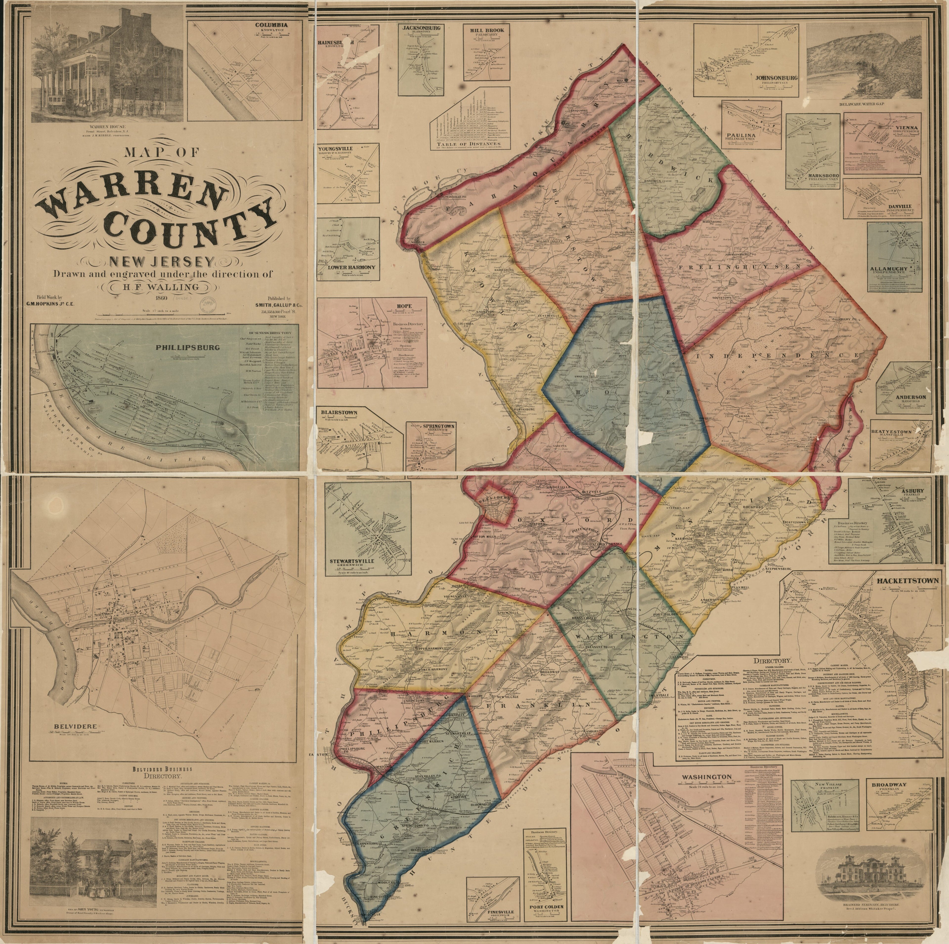 This old map of Map of Warren County, New Jersey from 1860 was created by H. & C.T. Smith (Firm), Griffith Morgan Hopkins, Gallup & Co Smith, Henry Francis Walling in 1860