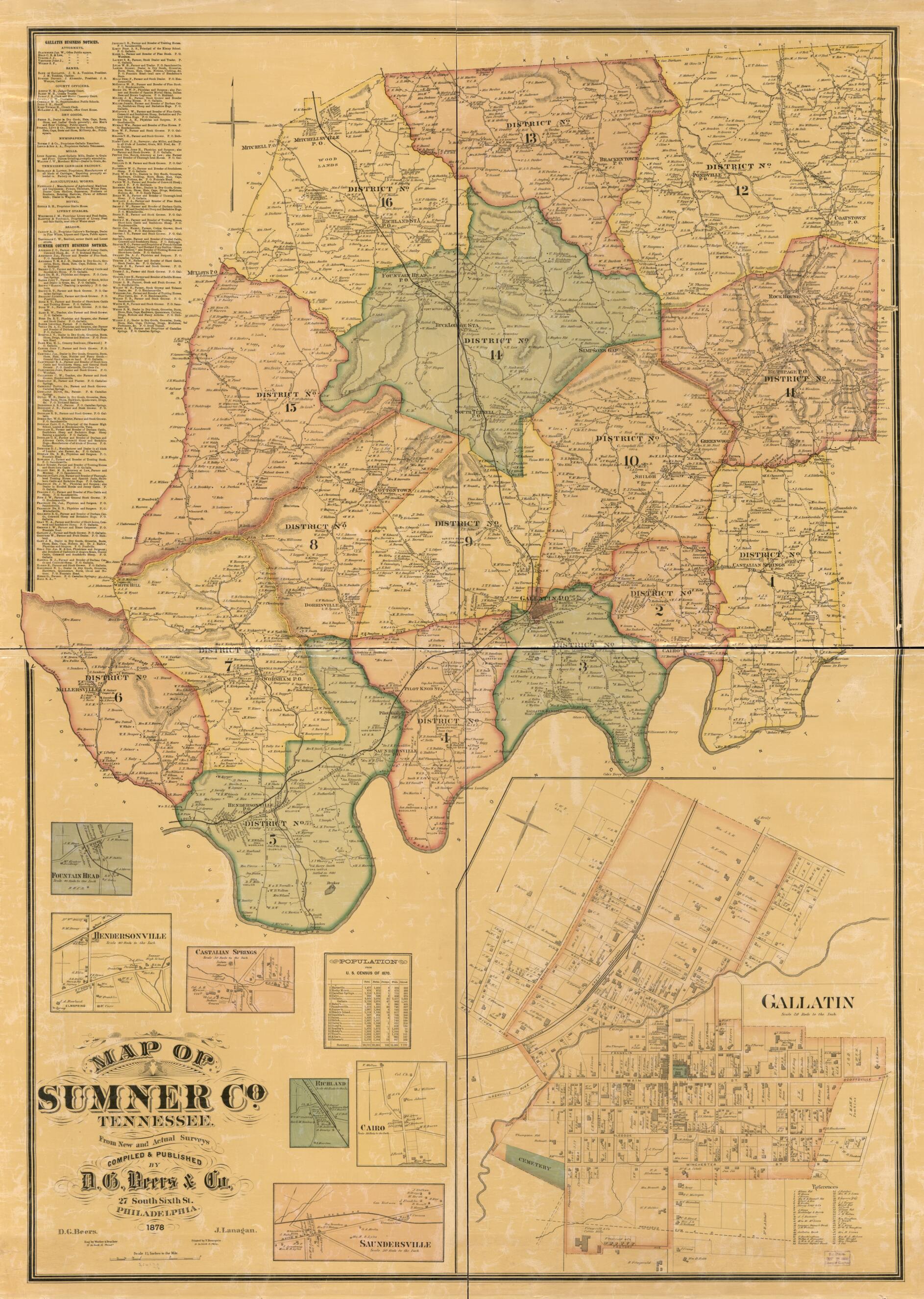 This old map of Map of Sumner Co., Tennessee : from New and Actual Surveys (Map of Sumner County, Tennessee) from 1878 was created by D. G. (Daniel G.) Beers, F. (Frederick) Bourquin, D.G. Beers & Co, J. Lanagan, Worley & Bracher in 1878