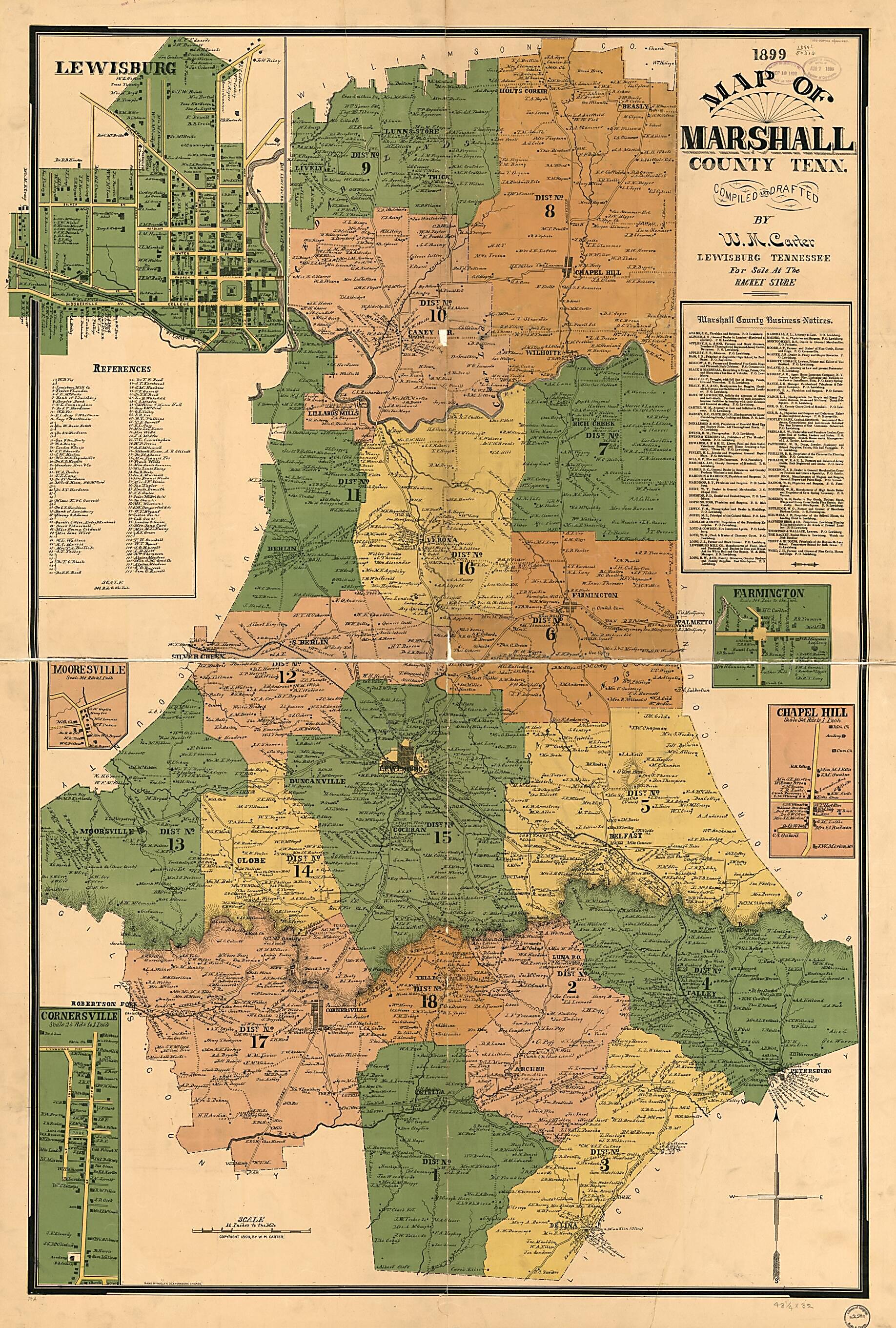 This old map of Map of Marshall County, Tennessee from 1899 was created by W. M. Carter, Rand McNally and Company in 1899