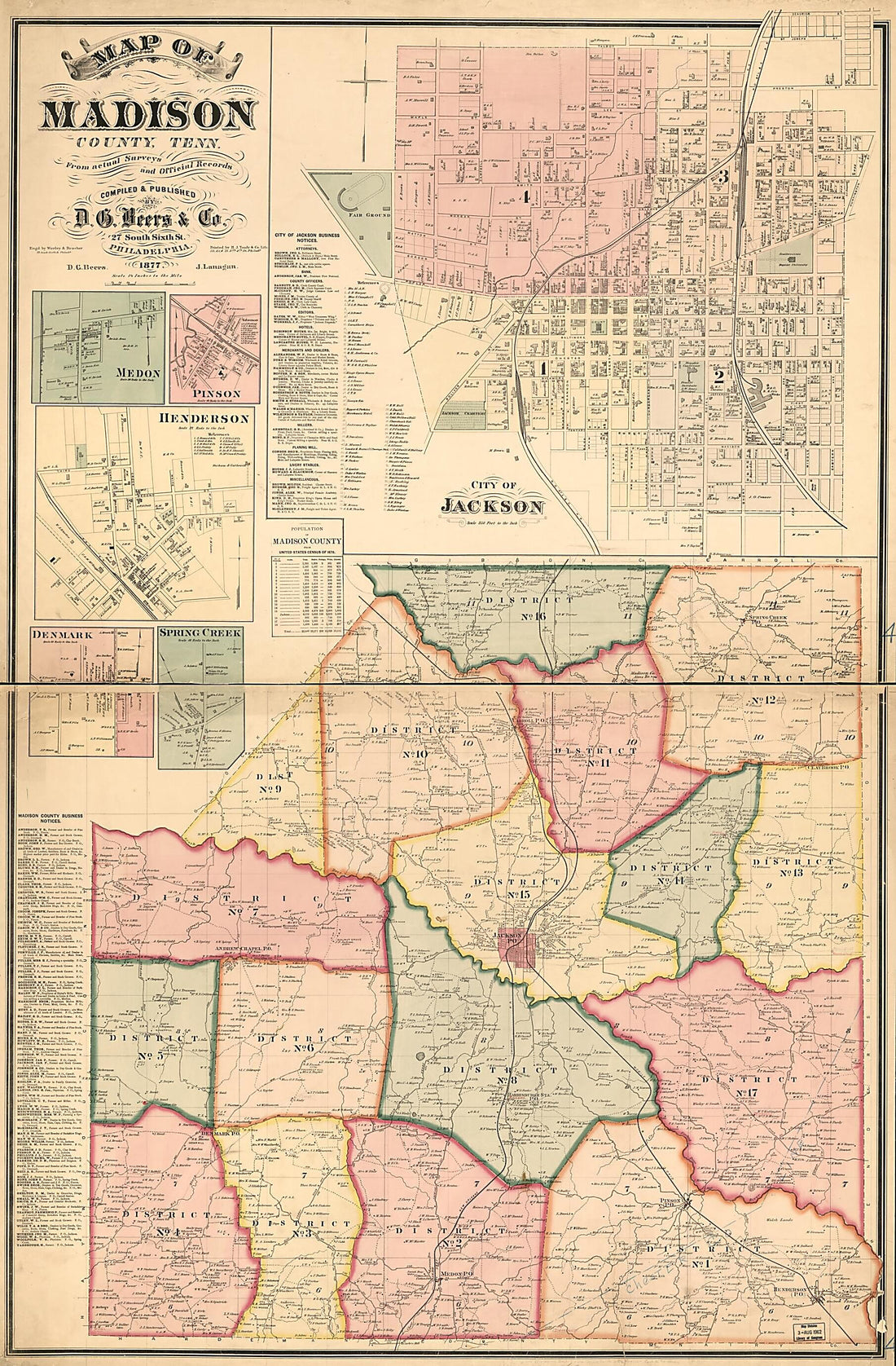 This old map of Map of Madison County, Tennessee : from Actual Surveys and Official Records (Map of Madison County, Tennessee) from 1877 was created by D. G. (Daniel G.) Beers, D.G. Beers & Co, H.J. Toudy & Co, J. Lanagan, Worley & Bracher in 1877