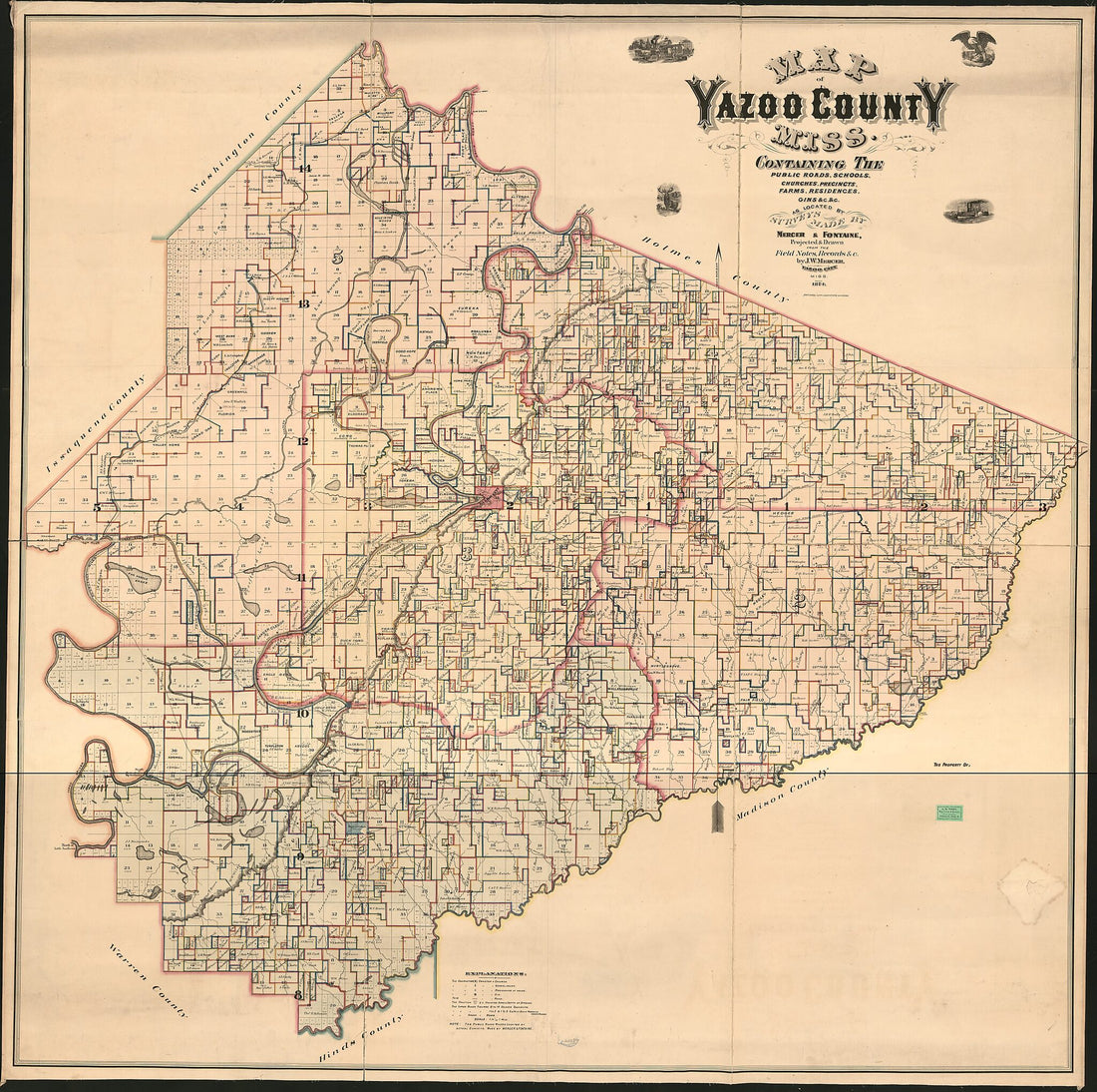 This old map of Map of Yazoo County, Mississippi : Containing the Public Roads, Schools, Churches, Precincts, Farms, Residences, Gins &c. &c. (Yazoo County, Mississippi) from 1874 was created by J. W. Mercer in 1874
