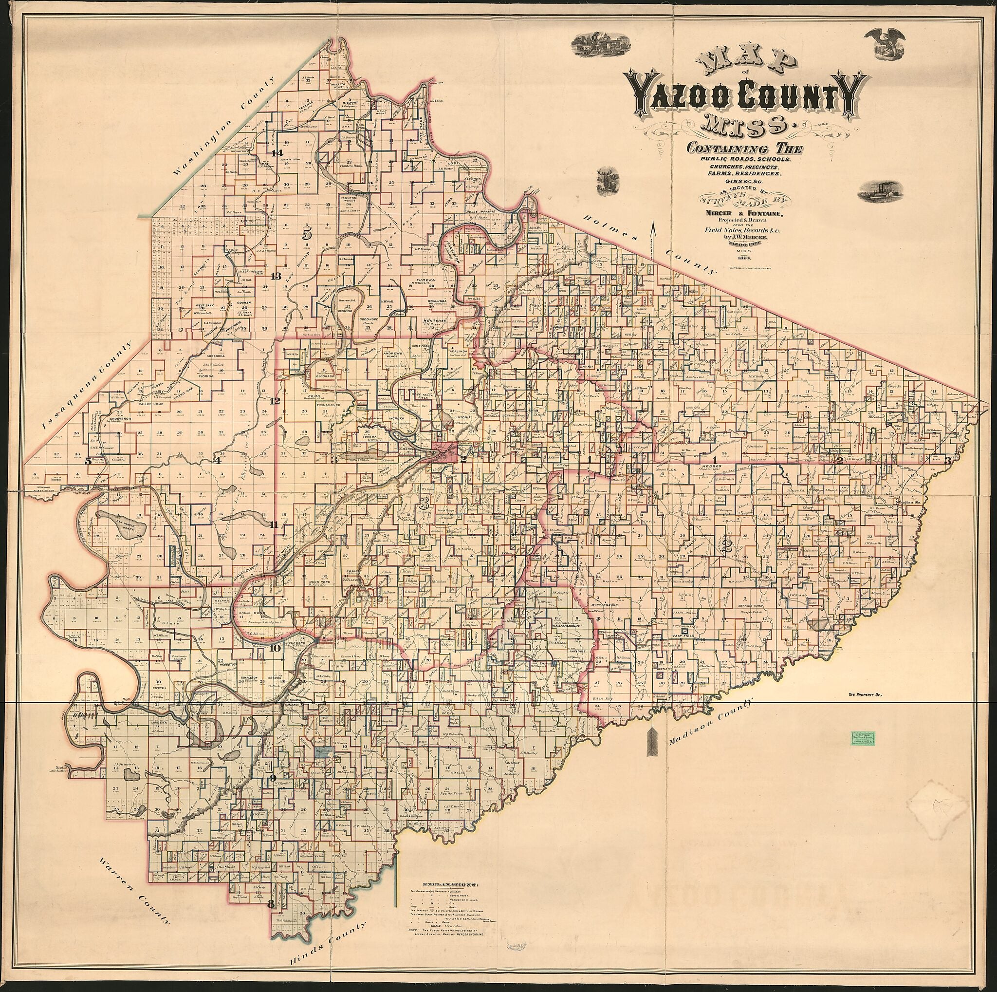 This old map of Map of Yazoo County, Mississippi : Containing the Public Roads, Schools, Churches, Precincts, Farms, Residences, Gins &c. &c. (Yazoo County, Mississippi) from 1874 was created by J. W. Mercer in 1874