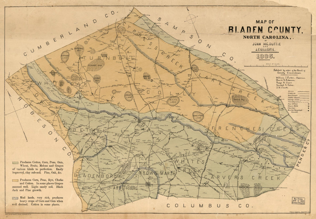 This old map of Map of Bladen County, North Carolina (Bladen County, North Carolina) from 1885 was created by Ed. W. Welcke & Bro, J. F. Gillespie, John McDuffie in 1885