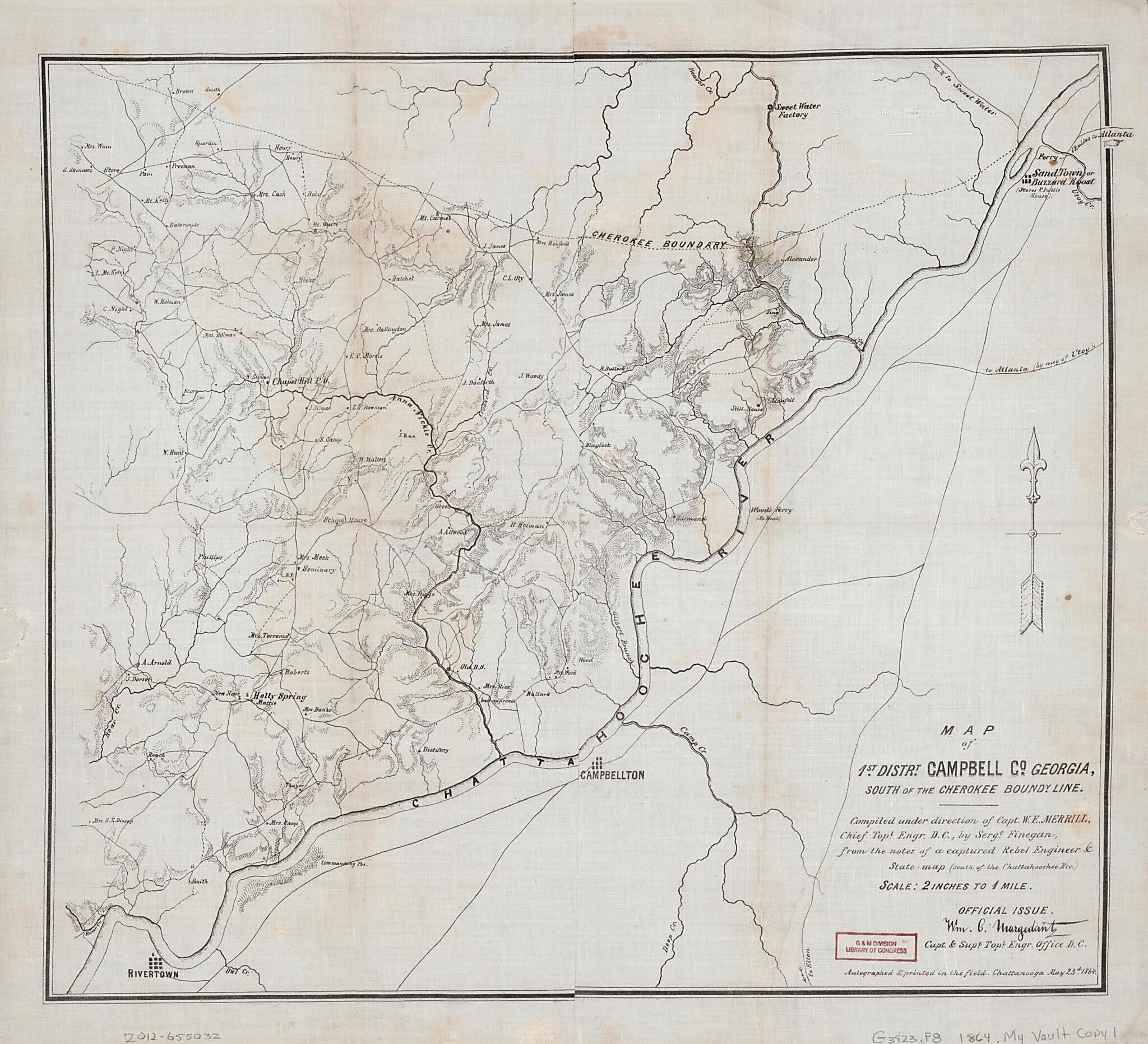 This old map of Map of 1st. Distrt. Campbell County Georgia : South of the Cherokee Boundy. Line (Map of 1st District Campbell County, Georgia, Map of First District, Campbell County, Georgia :) from 1864 was created by Wm. C. (William C.) Margedant, W.