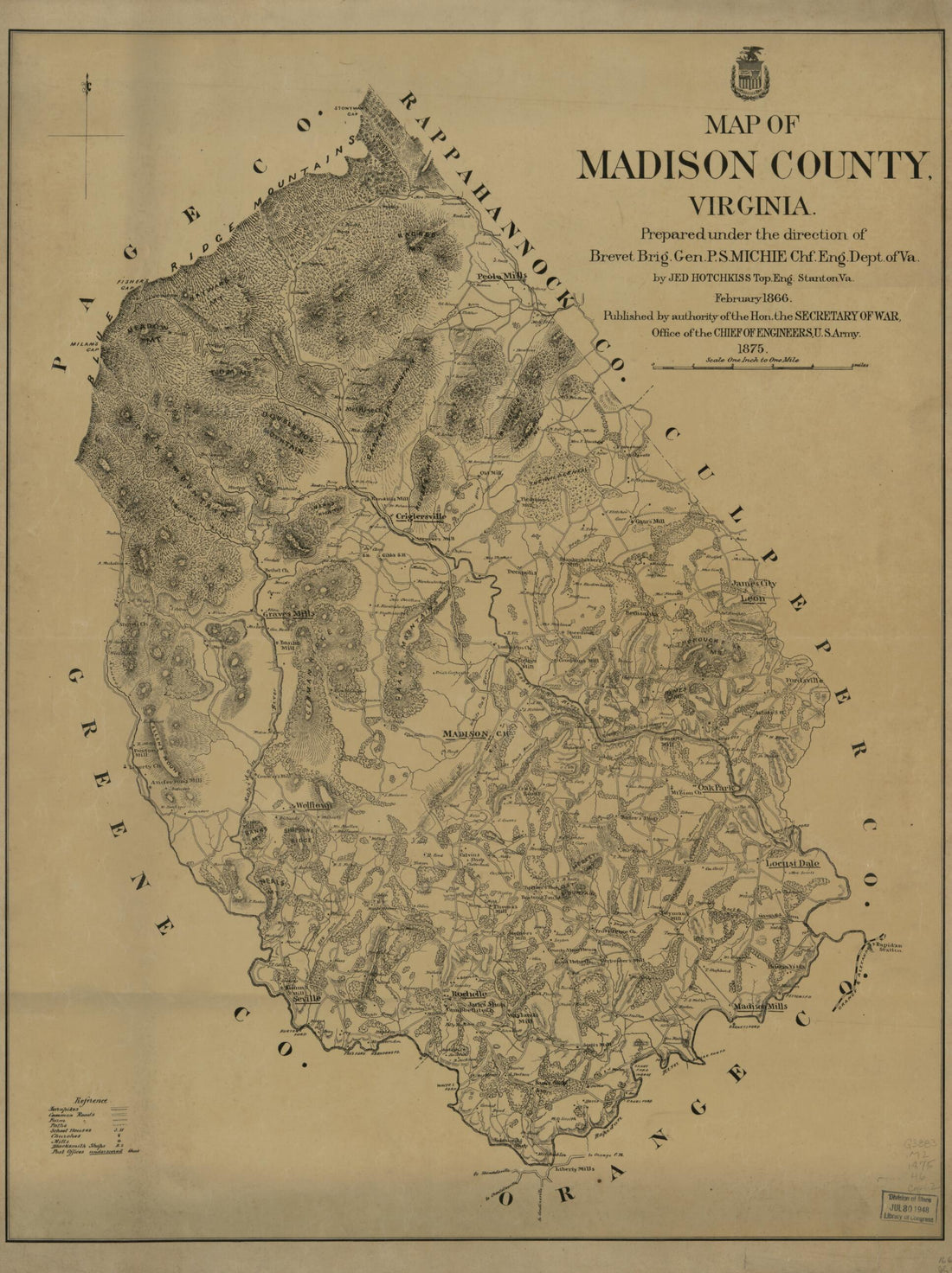 This old map of Map of Madison County, Virginia from 1875 was created by Jedediah Hotchkiss, Peter Smith Michie, United States. Army. Office of the Chief of Engineers in 1875