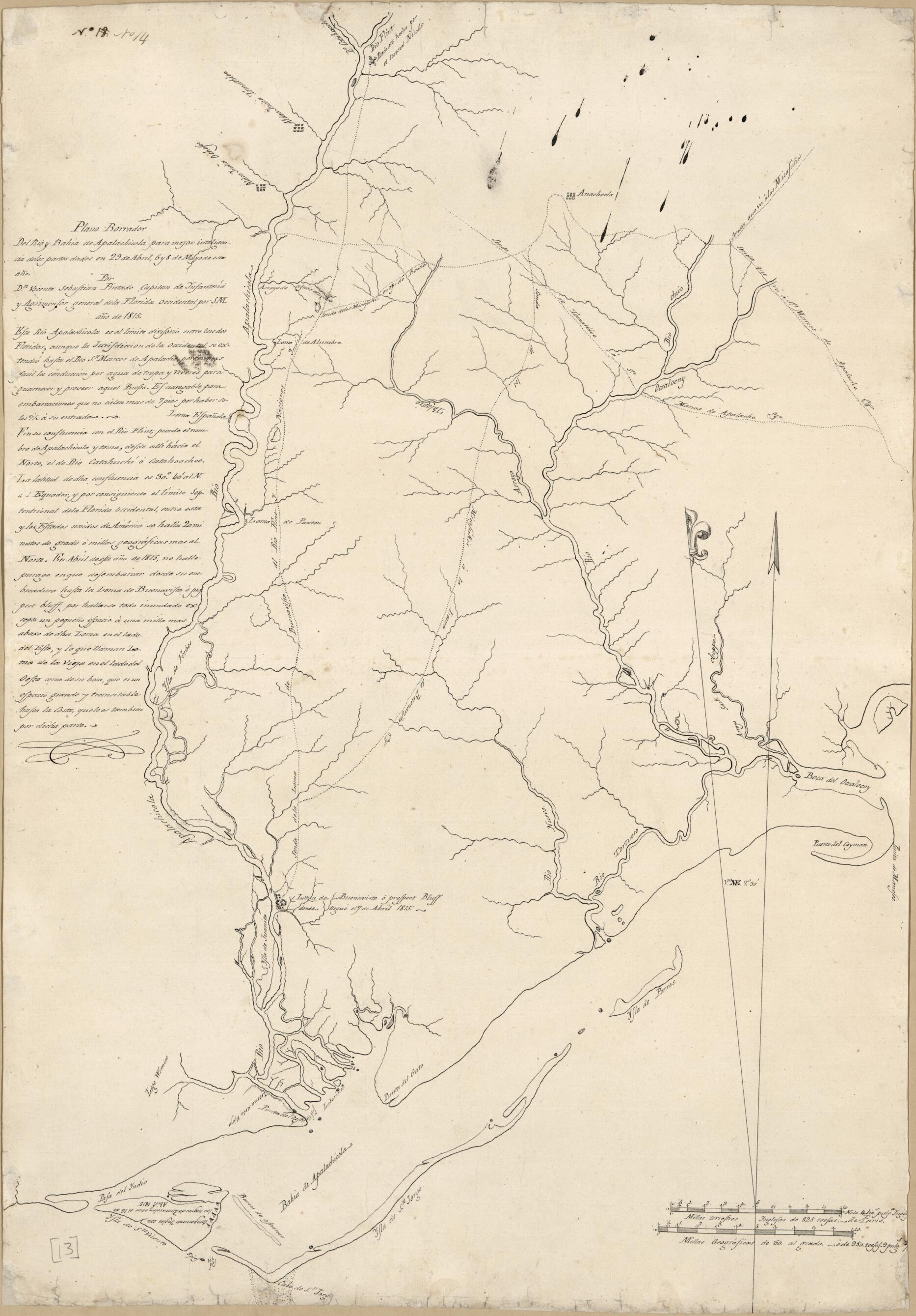 This old map of Plano Borrador Del Rio Y Bahia De Apalachicola Para Mejor Inteligencia De Los Partes Dados En 29 De Abril 6 Y 8 De Mayo De Este Año from 1815 was created by Vicente Sebastián Pintado in 1815
