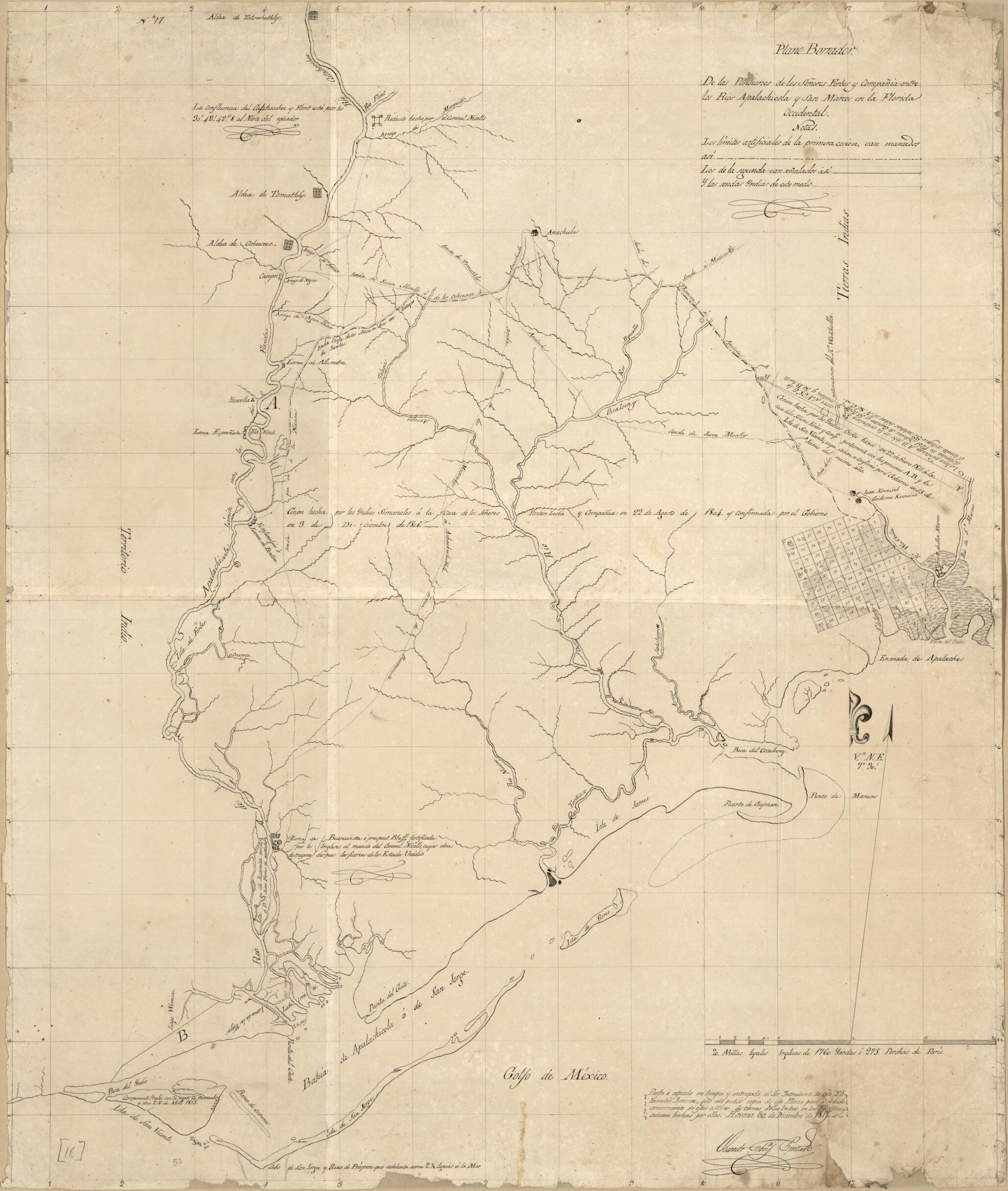 This old map of Plano Borrador De Las Posesiones Los Señores Forbes Y Compañia Entre Los Rios Apalachicola Y San Marcos En La Florida Occidental from 1817 was created by Vicente Sebastián Pintado in 1817