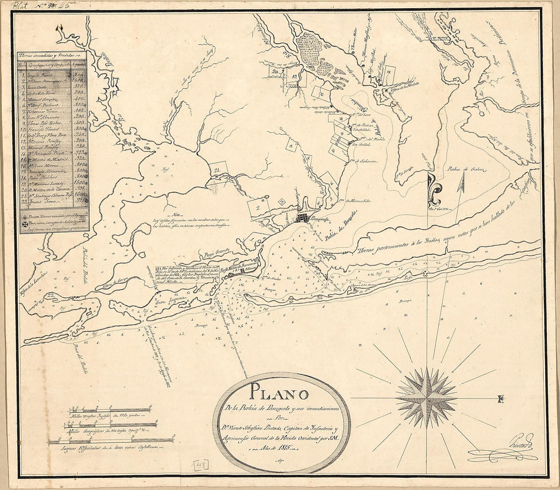 This old map of Plano De La Bahía De Panzacola Y Sus Immediaciones from 1815 was created by Vicente Sebastián Pintado in 1815