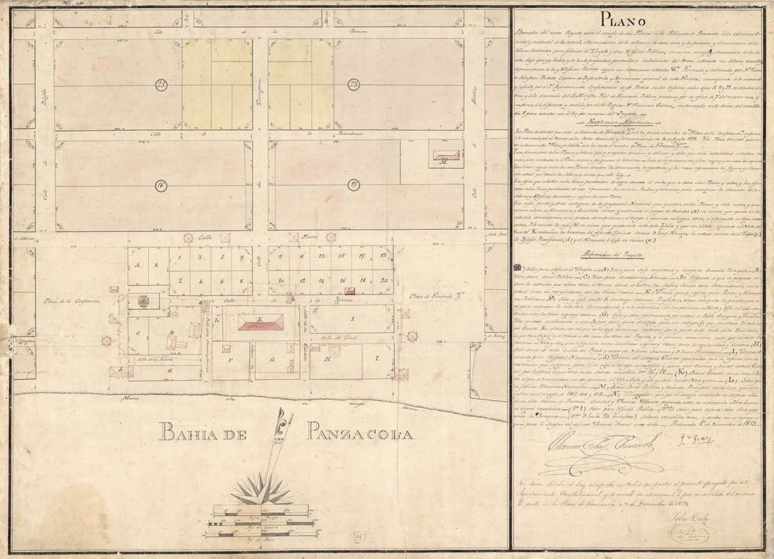 This old map of Plano Borrador Del Nuevo Proyecto Para El Arreglo De Dos Plazas En La Población De Panzacola á Los Extremos Oriental Y Occidental De La Actual : Determinación De La Extension De Cada Una Y La Posción Y Dimensiones De Los Solares Desti