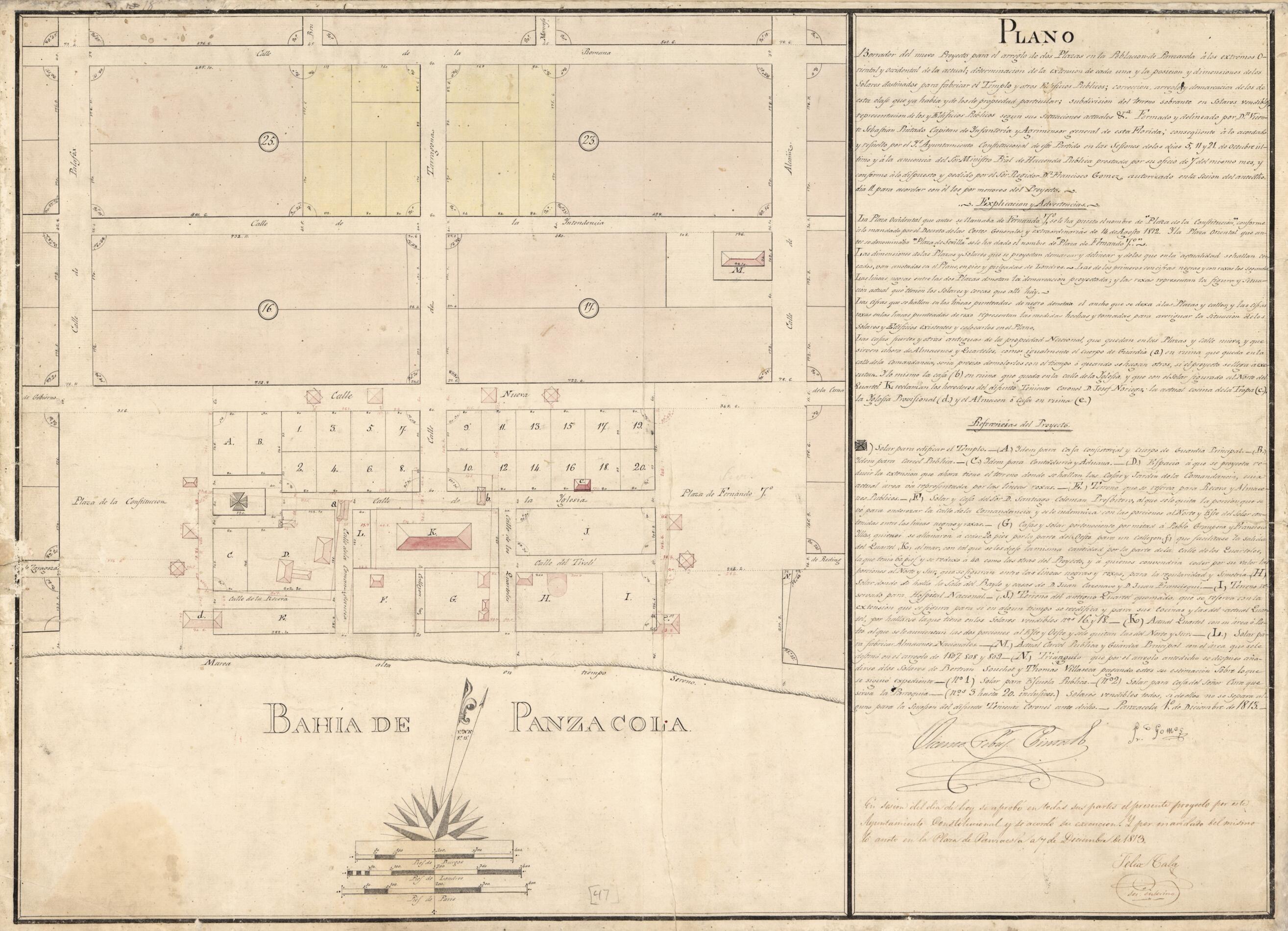 This old map of Plano Borrador Del Nuevo Proyecto Para El Arreglo De Dos Plazas En La Población De Panzacola á Los Extremos Oriental Y Occidental De La Actual : Determinación De La Extension De Cada Una Y La Posción Y Dimensiones De Los Solares Desti