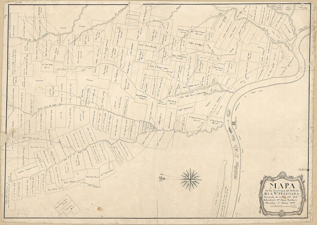 This old map of Mapa De Las Locaciones Del Distrito De La Na Feliciana from 1799 was created by Vicente Sebastián Pintado in 1799