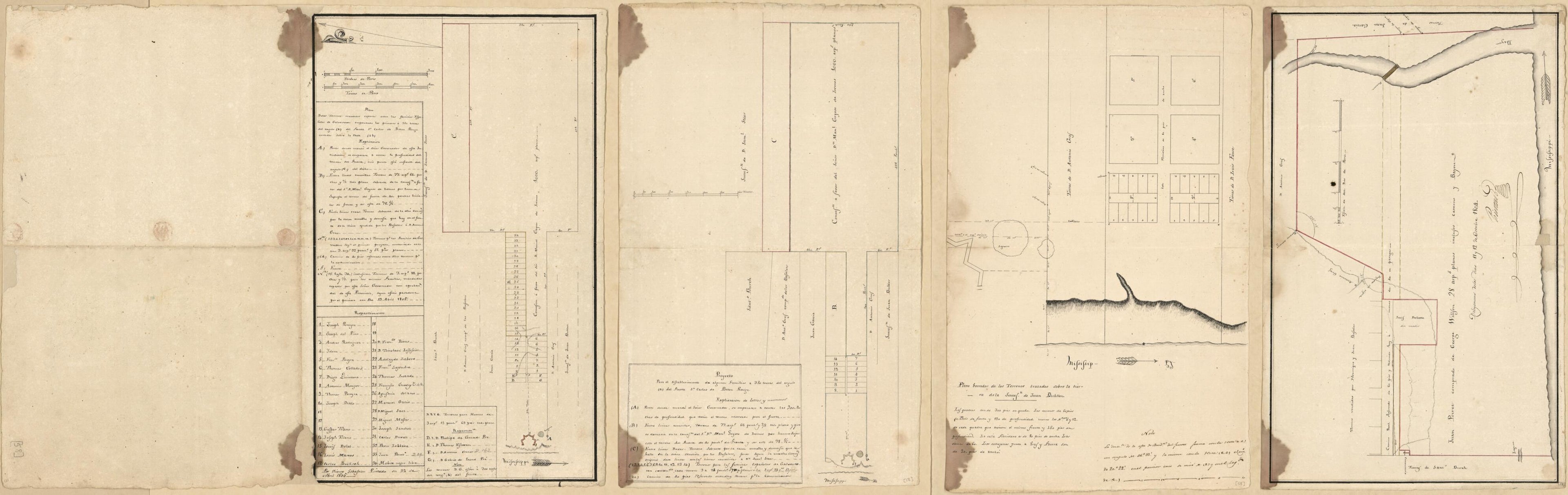This old map of Four Plats On the Mississippi River at Baton Rouge from 1805 was created by Vicente Sebastián Pintado in 1805