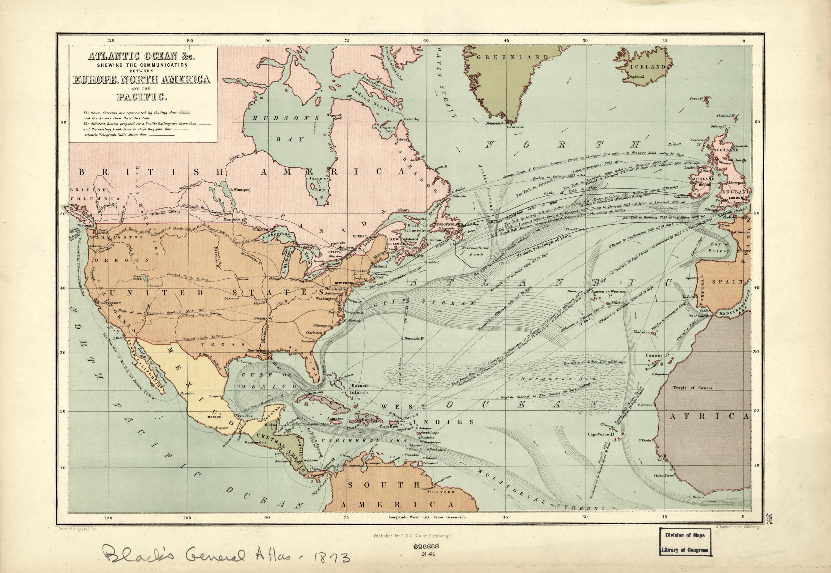 This old map of Atlantic Ocean &c. : Shewing the Communication Between Europe, North America and the Pacific (Atlantic Ocean Etc) from 1873 was created by Adam and Charles Black (Firm), John Bartholomew in 1873