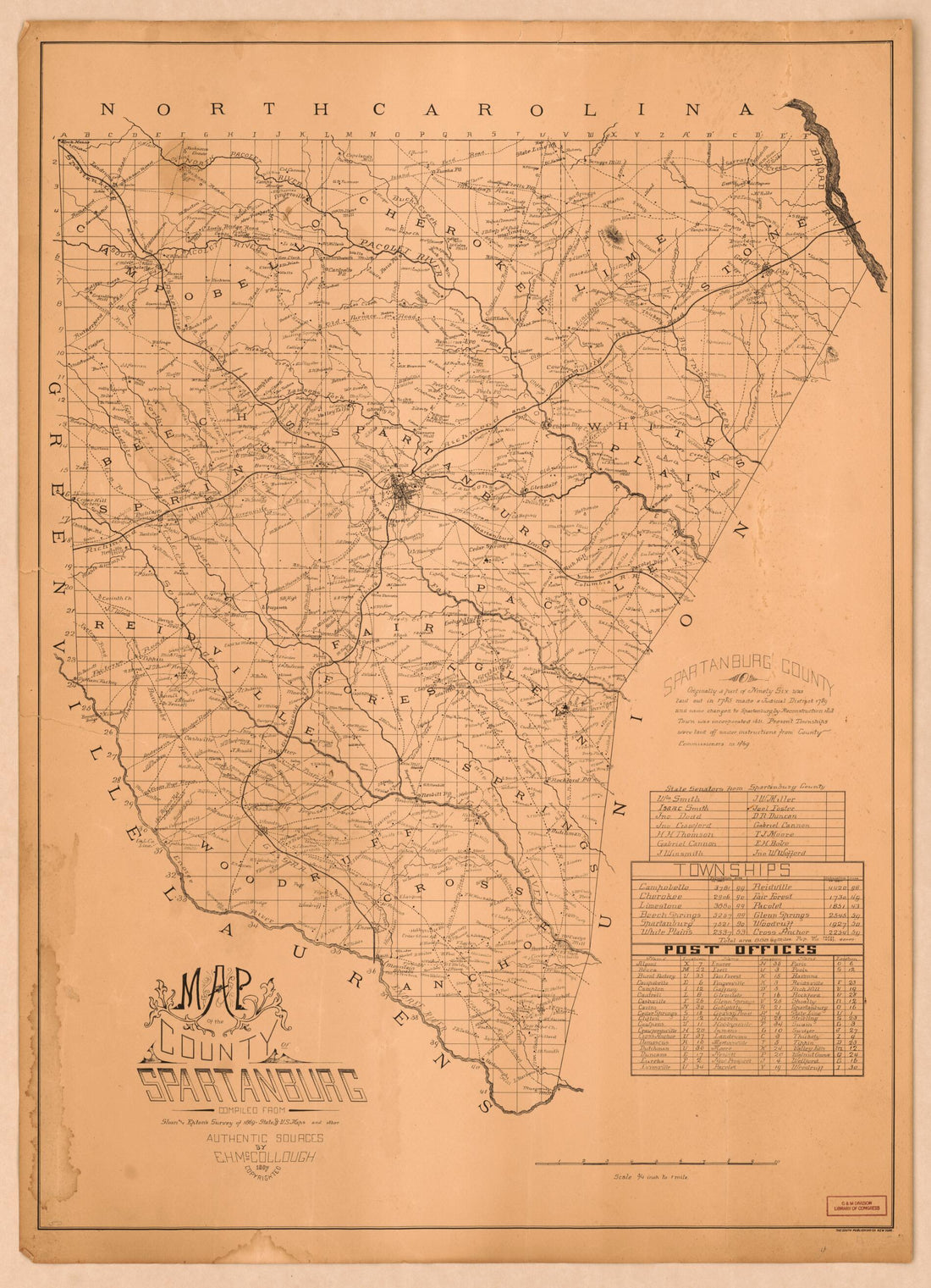 This old map of Map of the County of Spartanburg from 1887 was created by E. H. McCollough, South Publishing Co in 1887