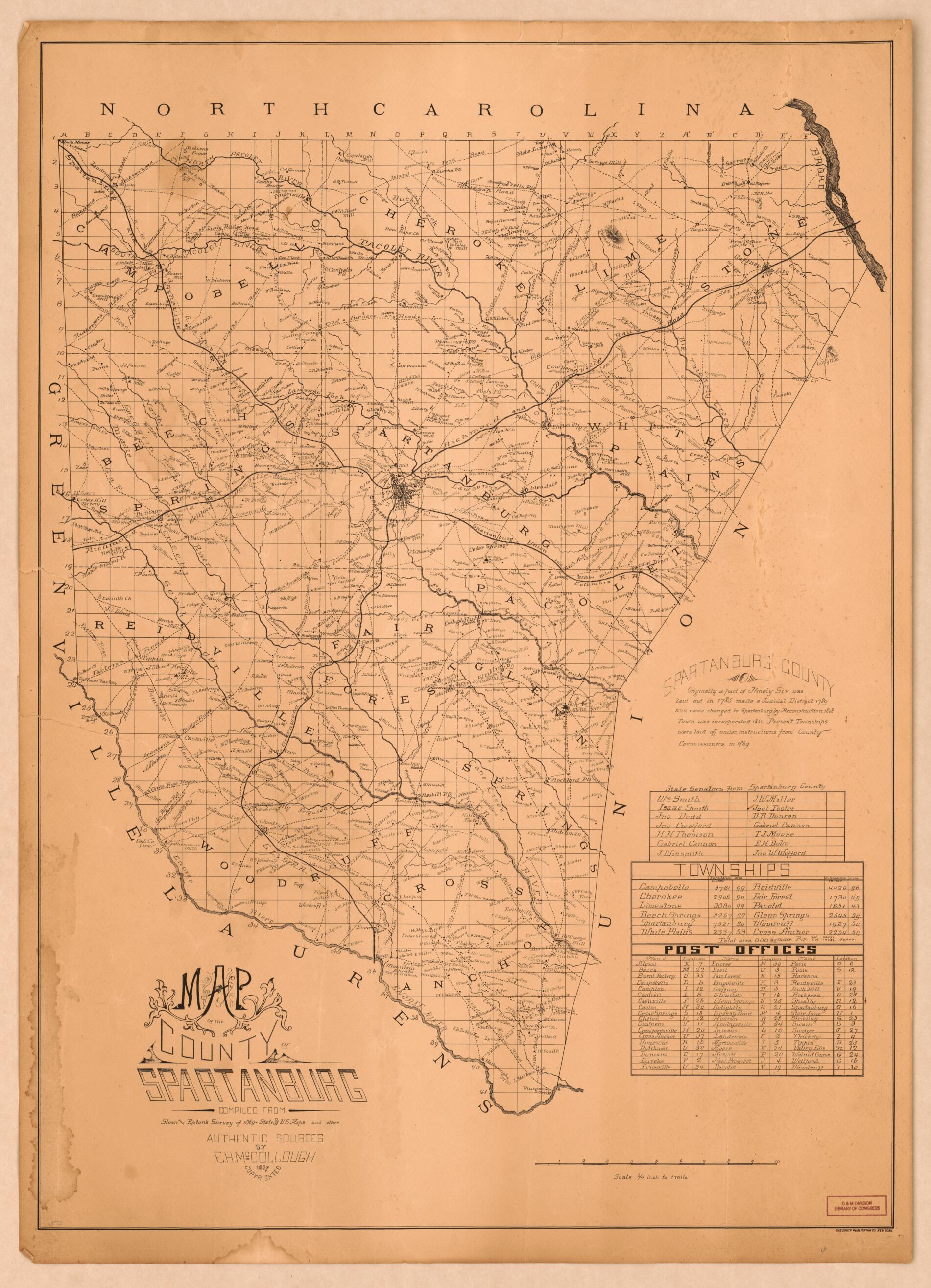 This old map of Map of the County of Spartanburg from 1887 was created by E. H. McCollough, South Publishing Co in 1887