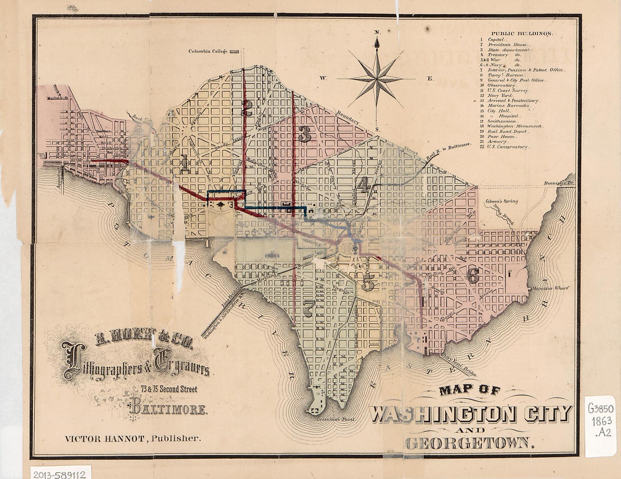 This old map of Map of Washington City and Georgetown from 1863 was created by A. Hoen & Co, Victor Hannot in 1863