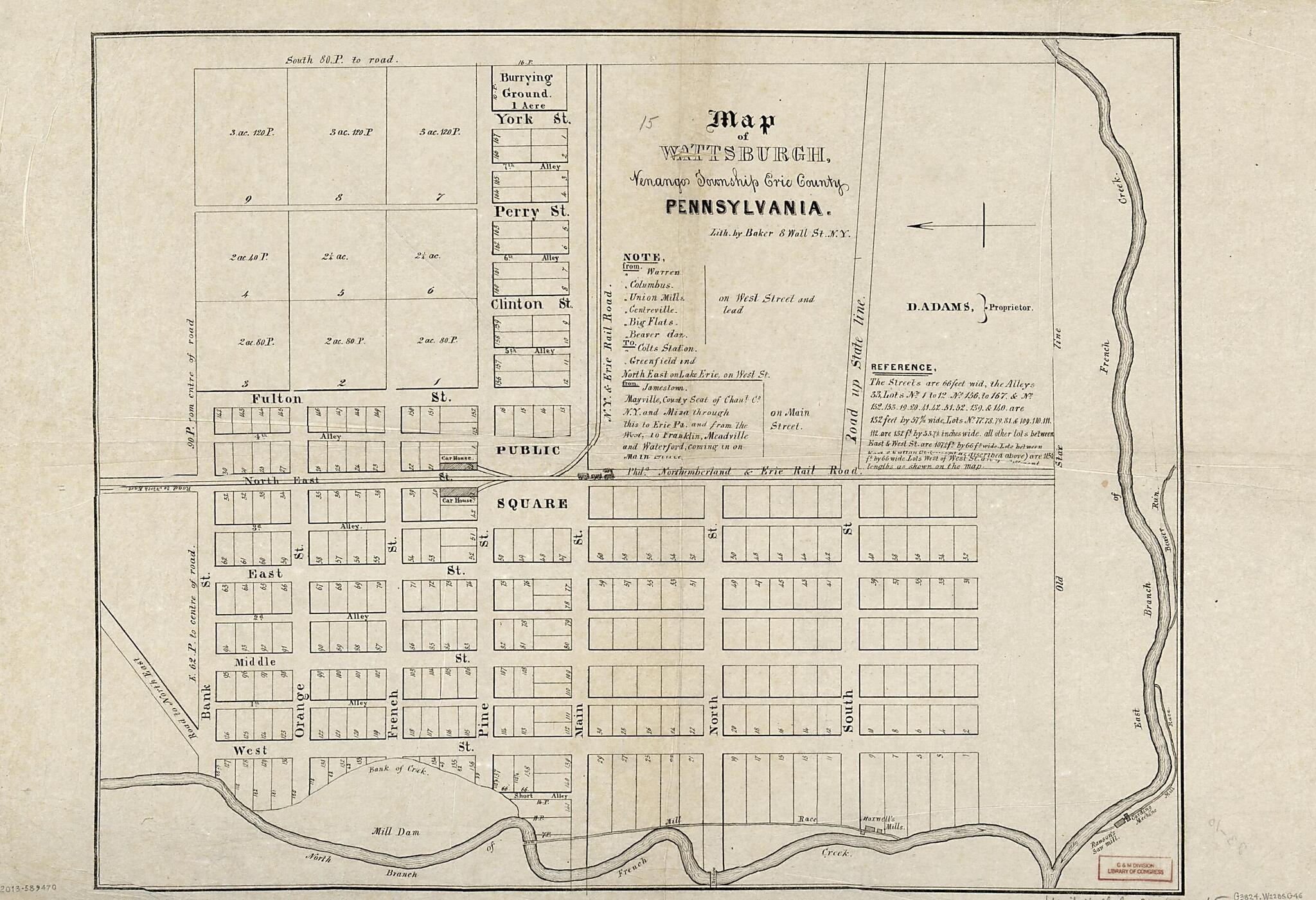 This old map of Map of Wattsburgh, Venango Township, Erie County, Pennsylvania from 1836 was created by D. Adams, Alfred E. Baker, Philip Lee Phillips Society in 1836