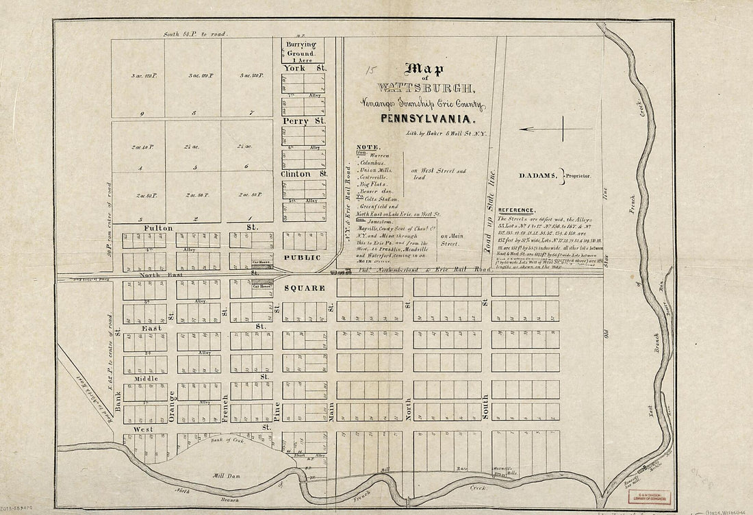 This old map of Map of Wattsburgh, Venango Township, Erie County, Pennsylvania from 1836 was created by D. Adams, Alfred E. Baker, Philip Lee Phillips Society in 1836