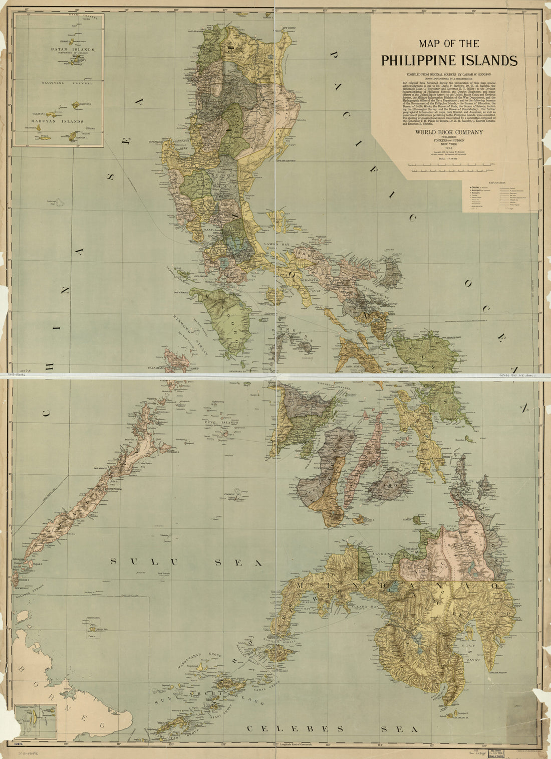 This old map of Map of the Philippine Islands (Philippine Islands) from 1908 was created by A. Hoen & Co, A. Briesemeister, Caspar W. Hodgson, N.Y.) World Book Company (Yonkers in 1908