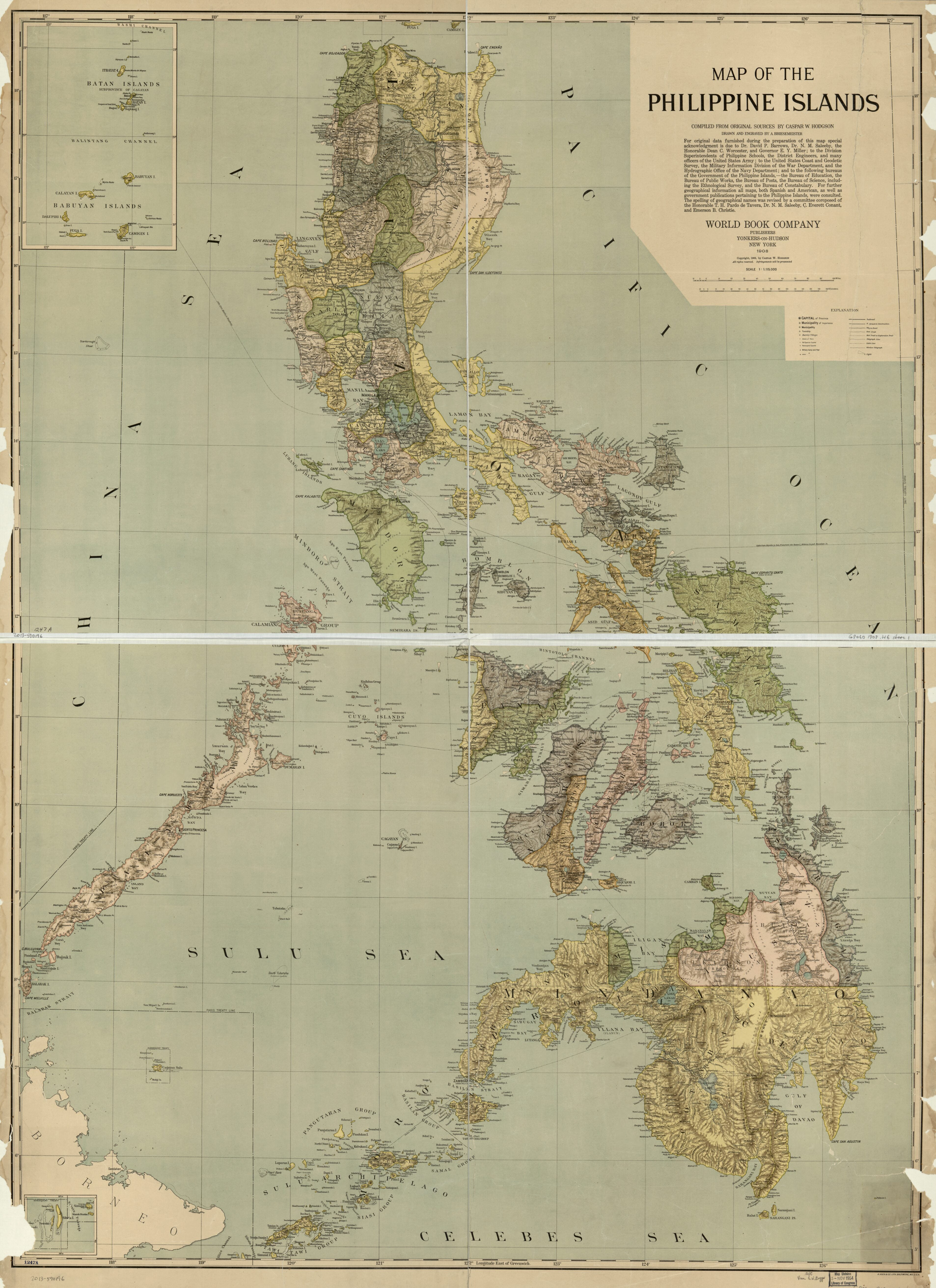 This old map of Map of the Philippine Islands (Philippine Islands) from 1908 was created by A. Hoen & Co, A. Briesemeister, Caspar W. Hodgson, N.Y.) World Book Company (Yonkers in 1908