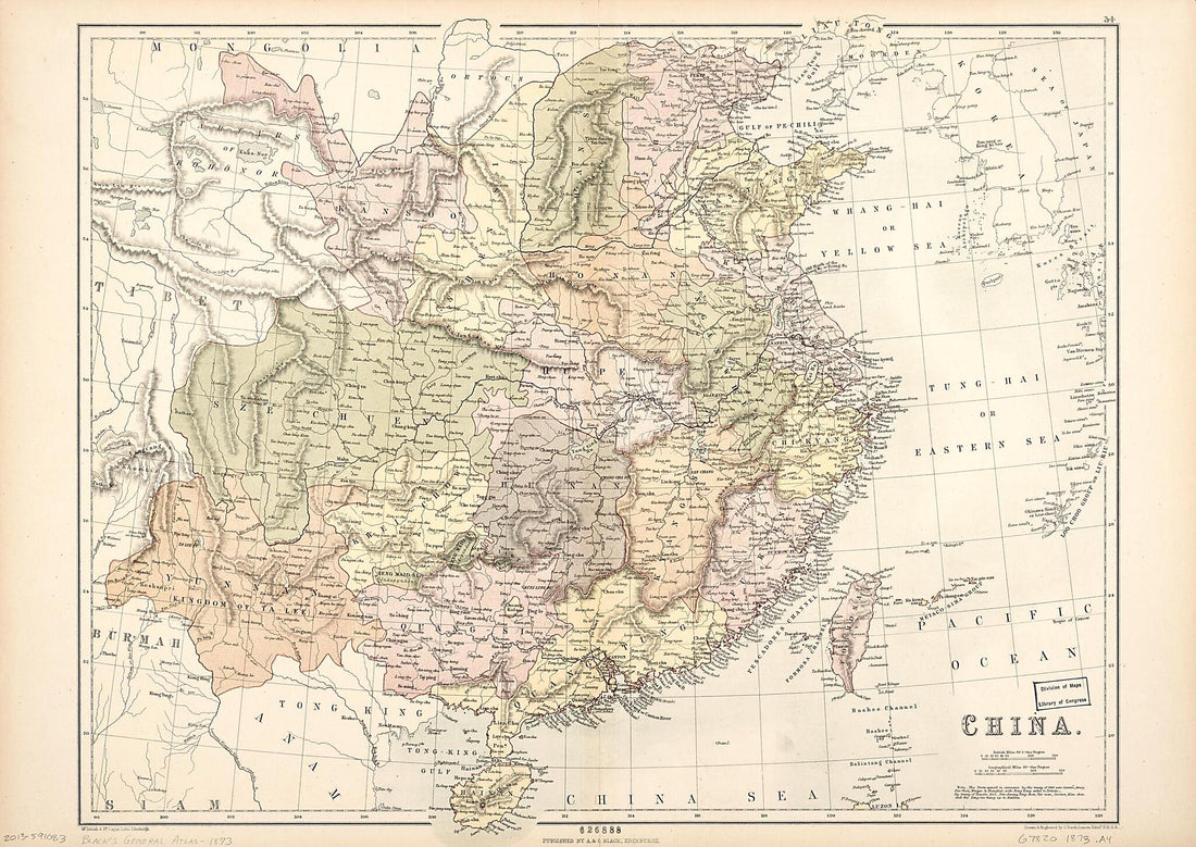 This old map of China from 1873 was created by Adam and Charles Black (Firm), J. G. (John George) Bartholomew in 1873