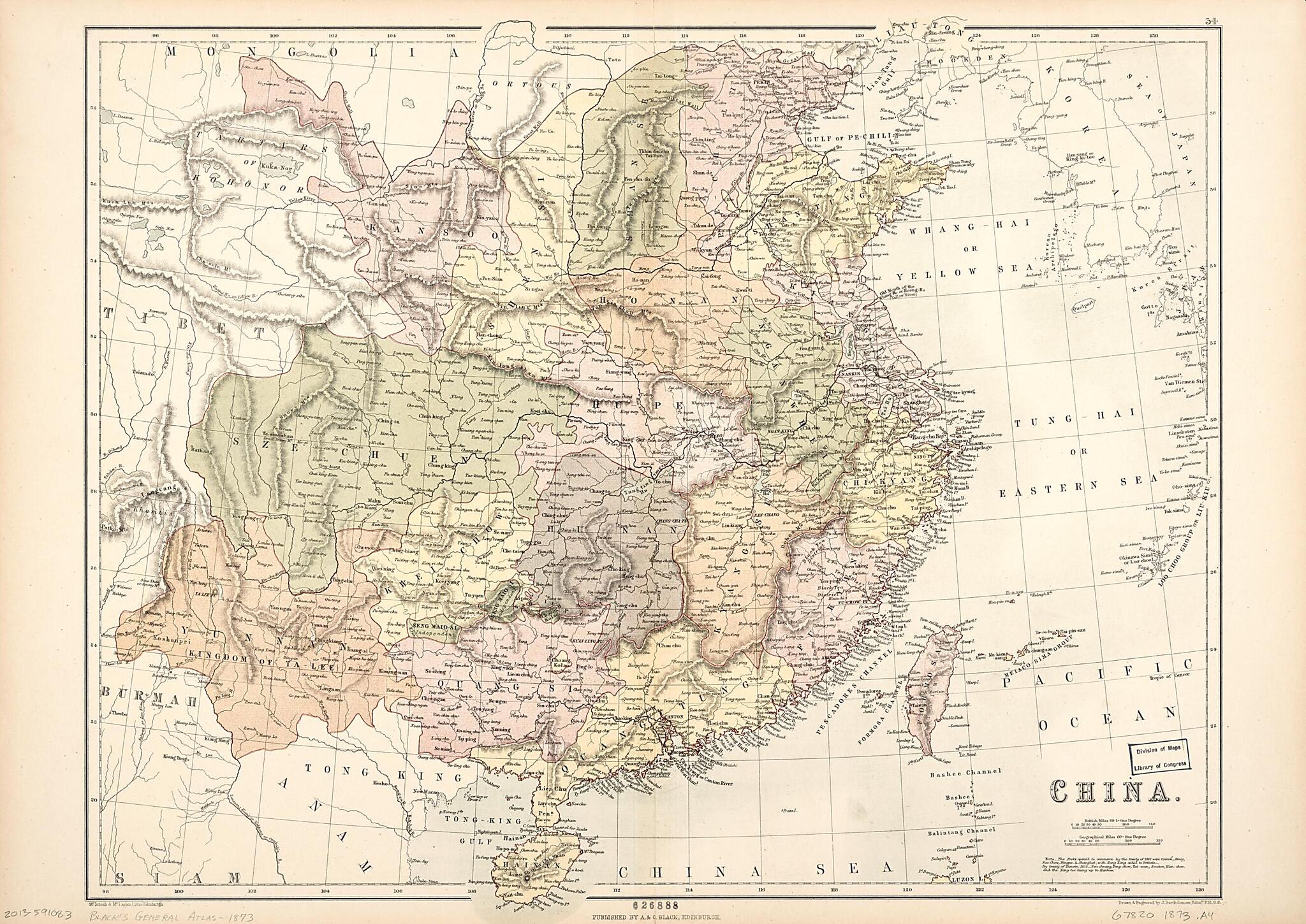 This old map of China from 1873 was created by Adam and Charles Black (Firm), J. G. (John George) Bartholomew in 1873