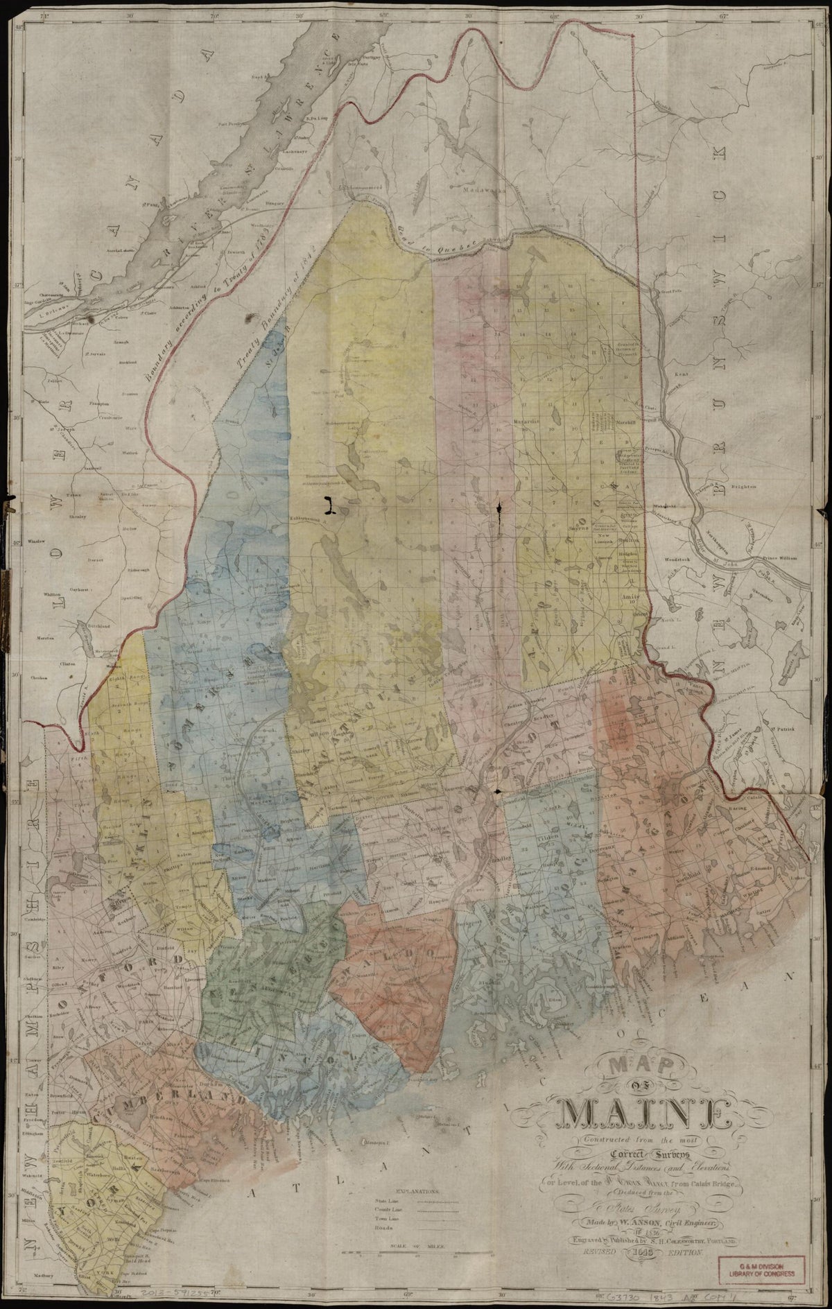 Map of Maine : Constructed from the Most Correct Surveys With Sectional Distances and Elevations, Or Level, of the St. Croix River from Calais Bridge Deduced from the States Survey 1843 by Relic Map Company