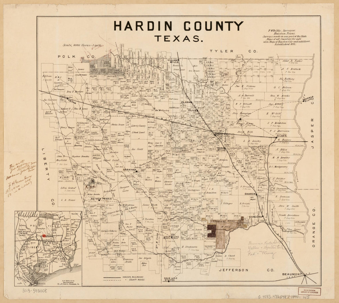 This old map of Hardin County, Texas from 1890 was created by E.P. Noll & Co, P. Whitty in 1890