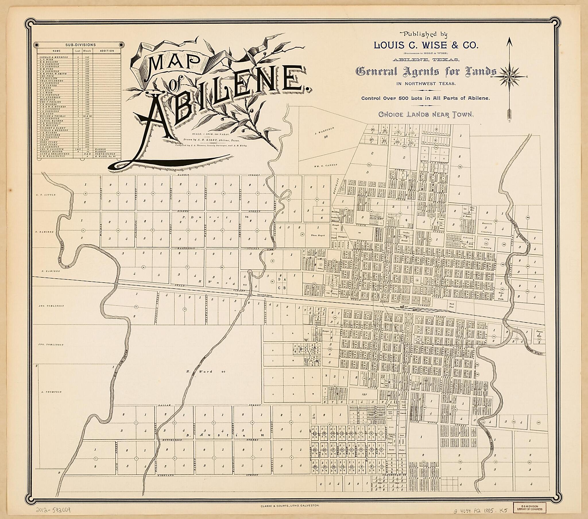 This old map of Map of Abilene from 1885 was created by A. H. Kirby, J. A. (John A.) Thomas in 1885