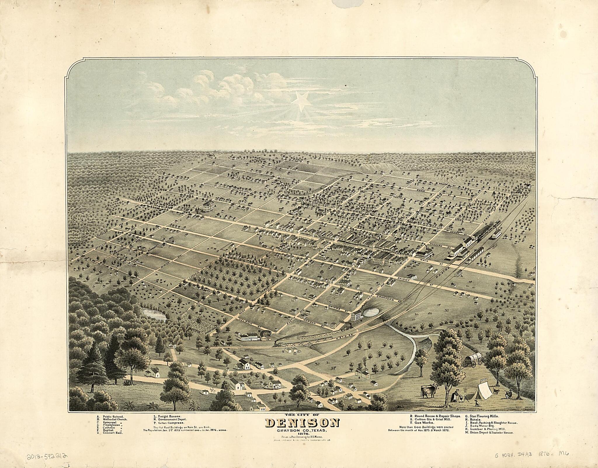 This old map of The City of Denison, Grayson County, Texas, from 1876 was created by D. D. Morse in 1876