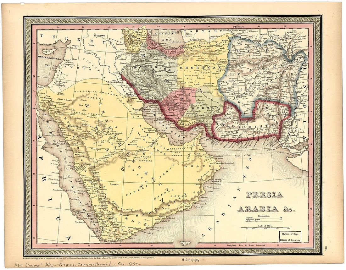 This old map of Persia Arabia &c from 1852 was created by Cowperthwait & Co Thomas in 1852