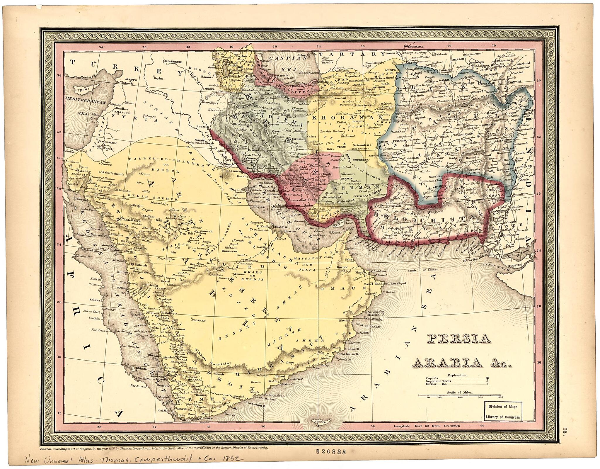 This old map of Persia Arabia &c from 1852 was created by Cowperthwait & Co Thomas in 1852
