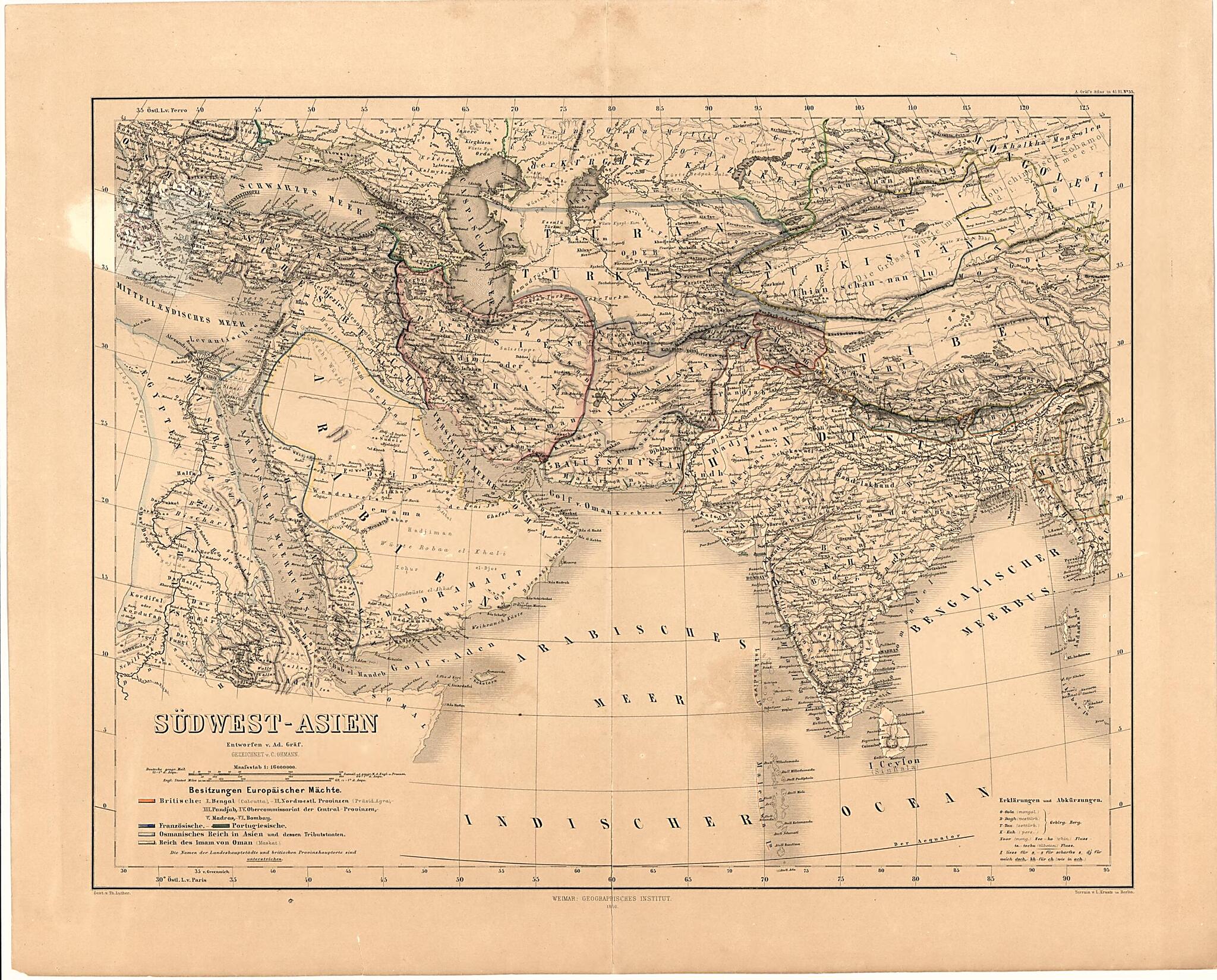 This old map of Asien : Possessions of European Powers from 1866 was created by Thuringia Geographisches Institut (Weimar in 1866