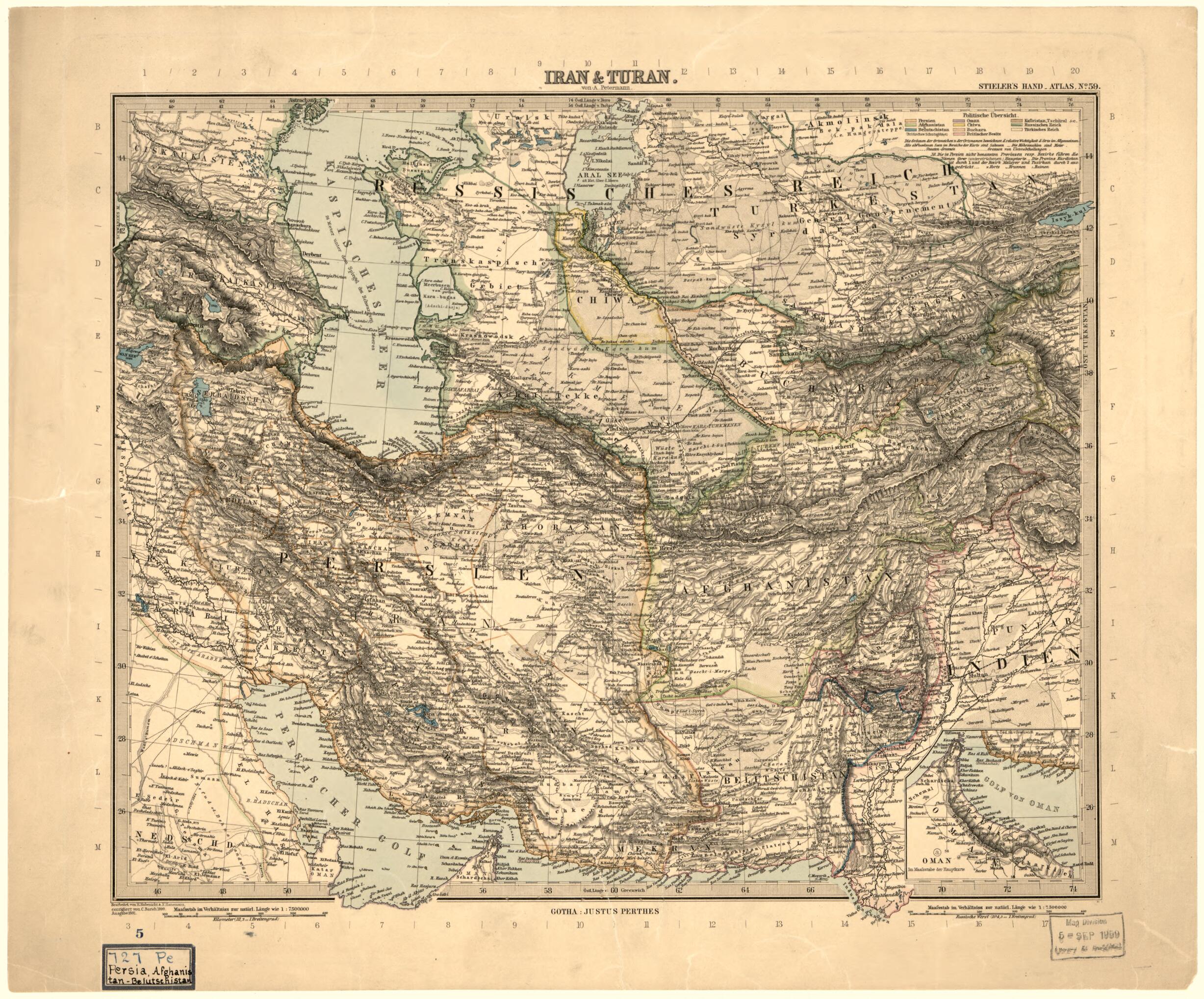 This old map of Iran & Turan from 1891 was created by C. Barich, Hermann Habenicht, Germany) Justus Perthes (Firm : Gotha in 1891