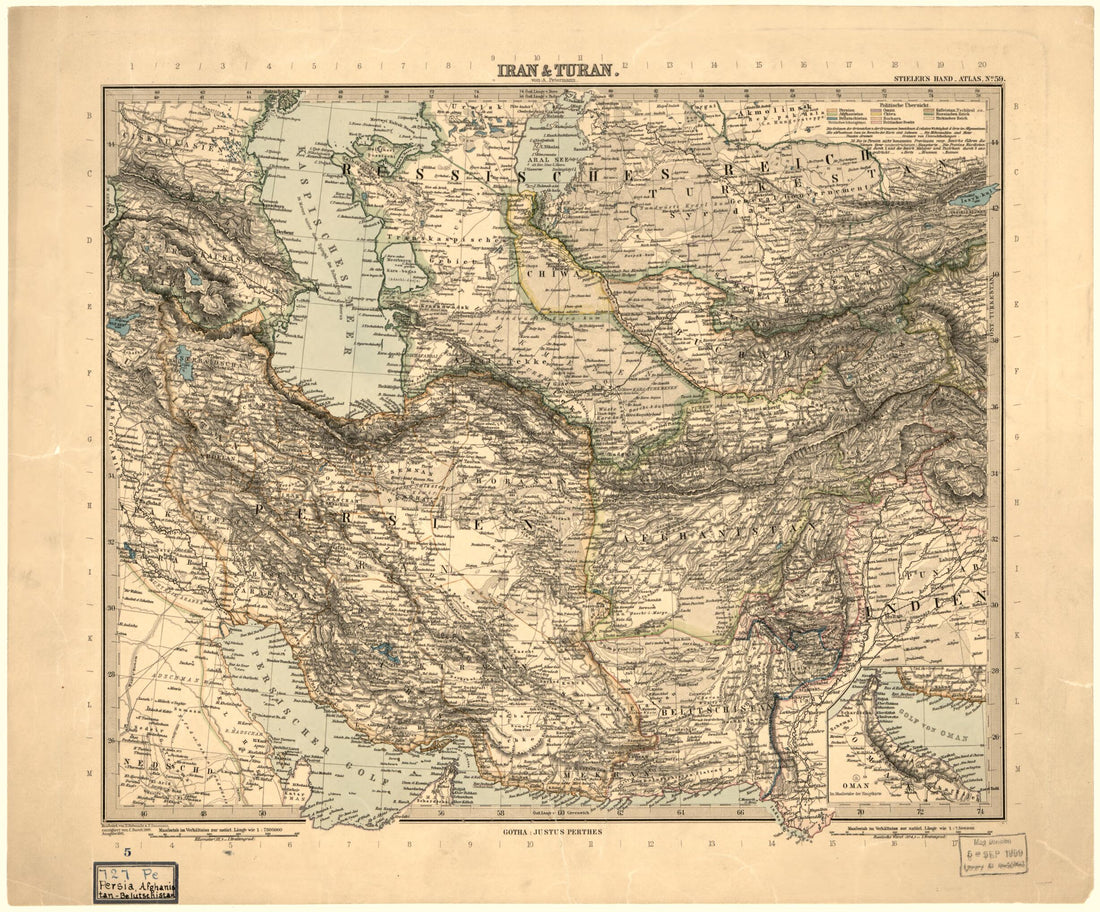 This old map of Iran & Turan from 1891 was created by C. Barich, Hermann Habenicht, Germany) Justus Perthes (Firm : Gotha in 1891