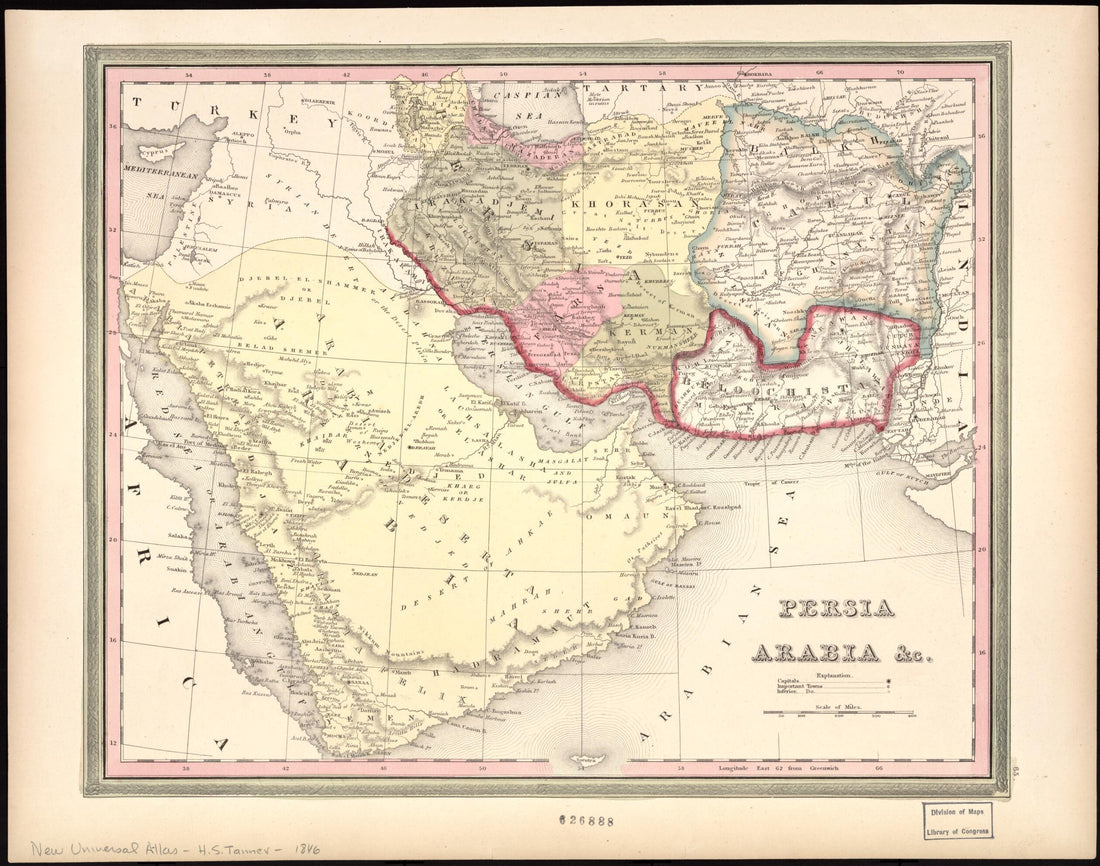 This old map of Persia Arabia &c from 1846 was created by S. Augustus Mitchell, Henry Schenck Tanner in 1846