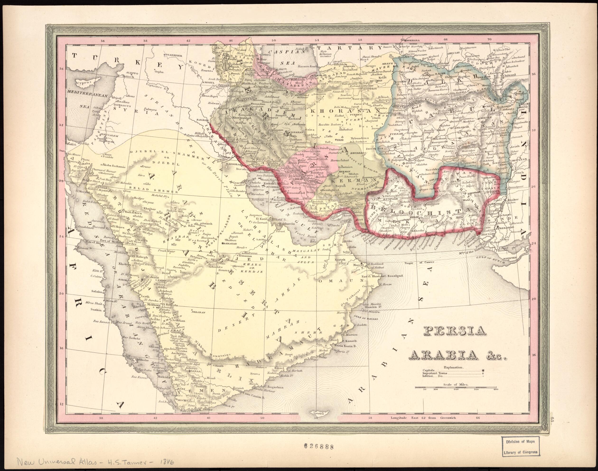 This old map of Persia Arabia &c from 1846 was created by S. Augustus Mitchell, Henry Schenck Tanner in 1846