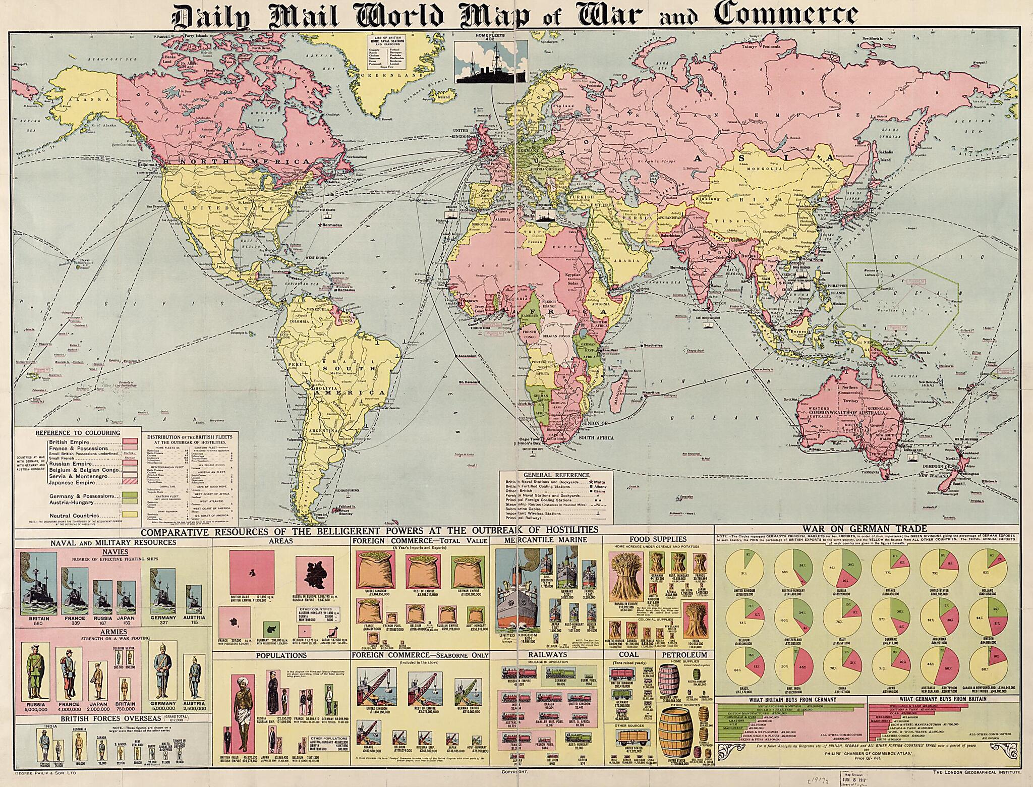 This old map of Daily Mail World Map of War and Commerce (World Map of War and Commerce) from 1917 was created by George Philip & Son, London Geographical Institute in 1917