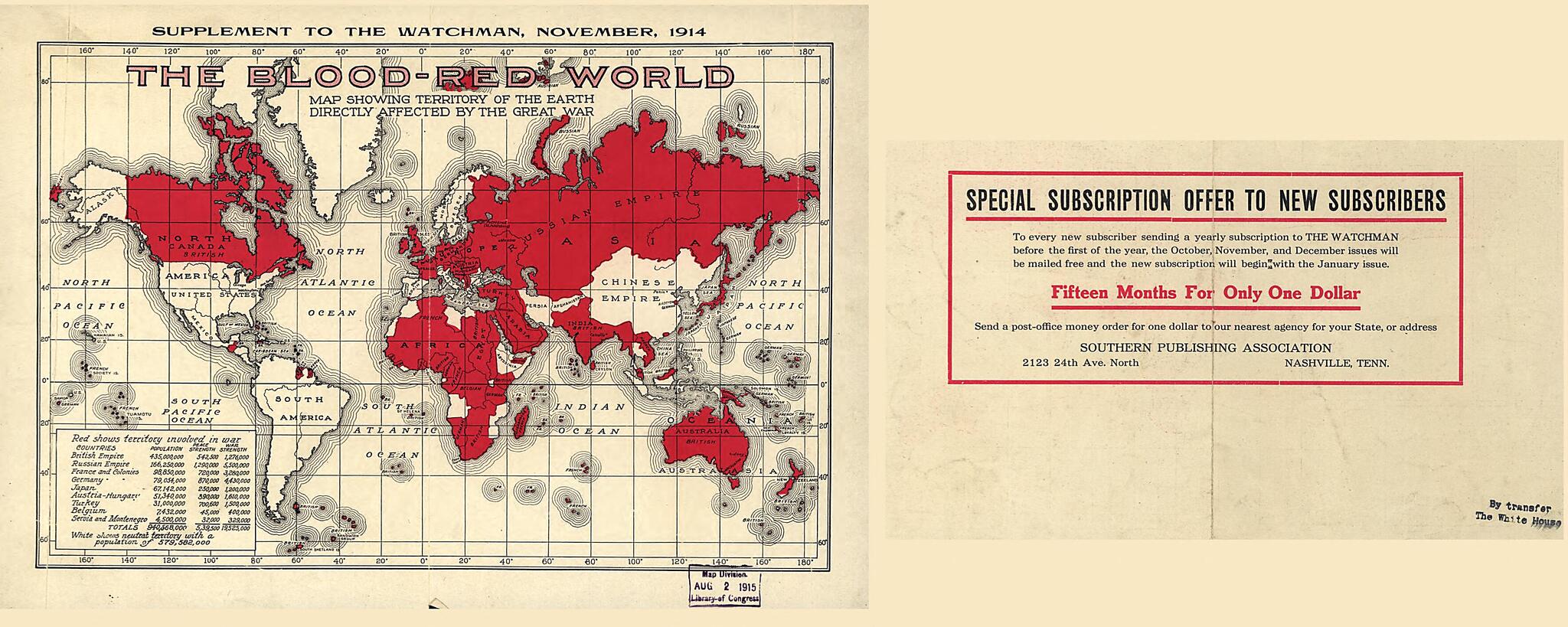 This old map of Red World : Map Showing Territory of the Earth Directly Affected by the Great War from 1914 was created by Southern Publishing Association in 1914
