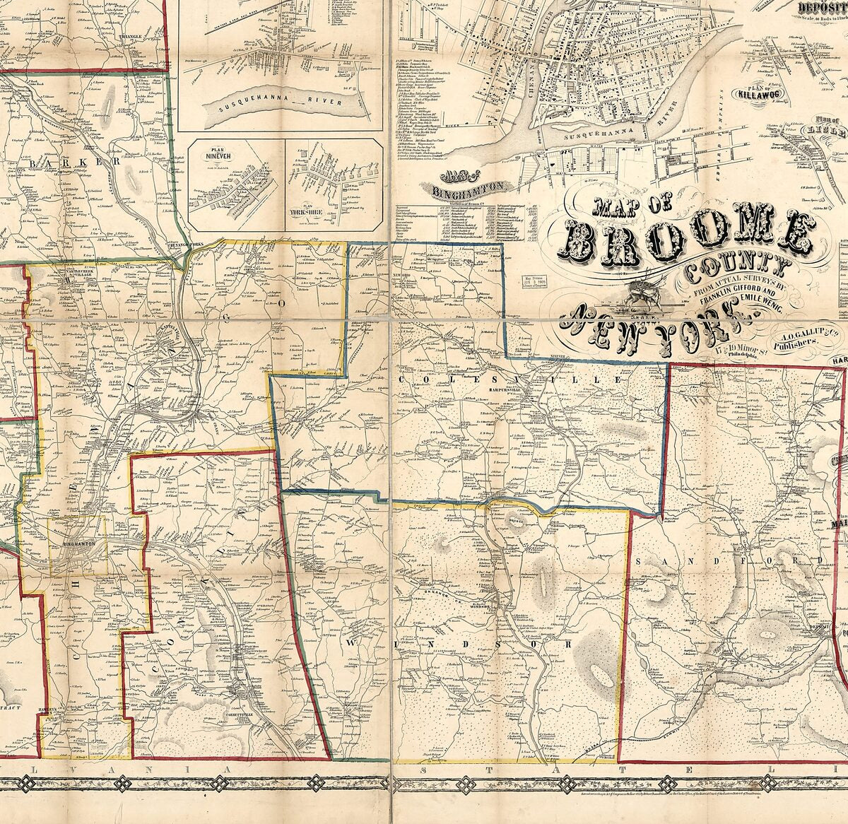 This old map of Map of Broome County, New York from 1855 was created by  A.O. Gallup & Co, Franklin Gifford, Robert Pearsall Smith, E. Wenig in 1855