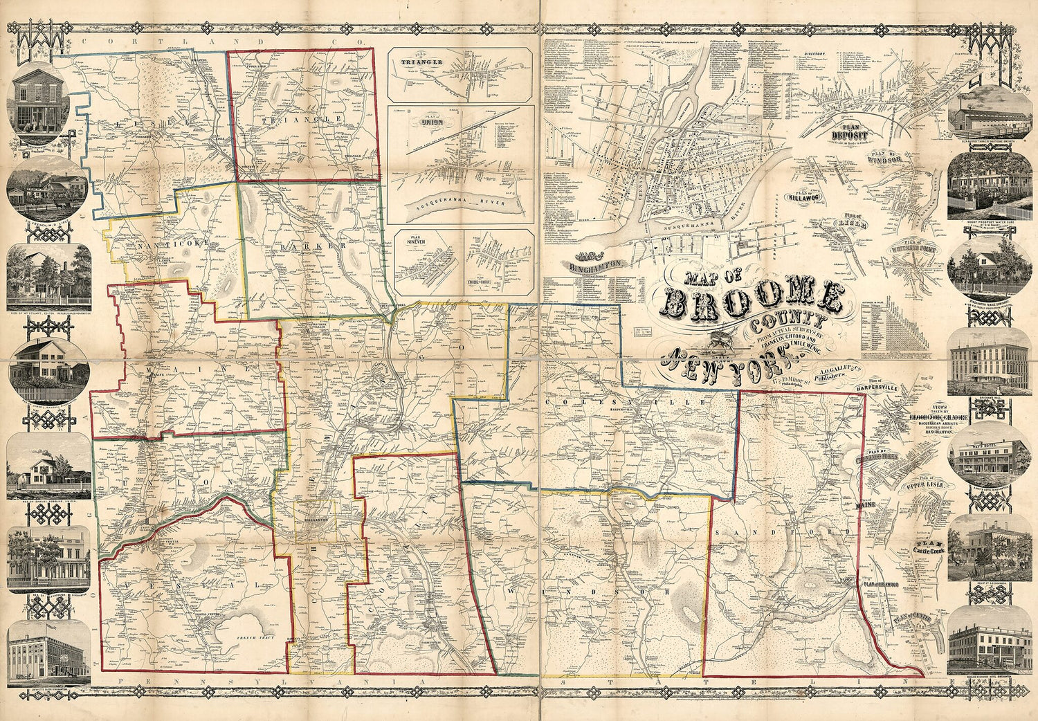This old map of Map of Broome County, New York from 1855 was created by  A.O. Gallup & Co, Franklin Gifford, Robert Pearsall Smith, E. Wenig in 1855